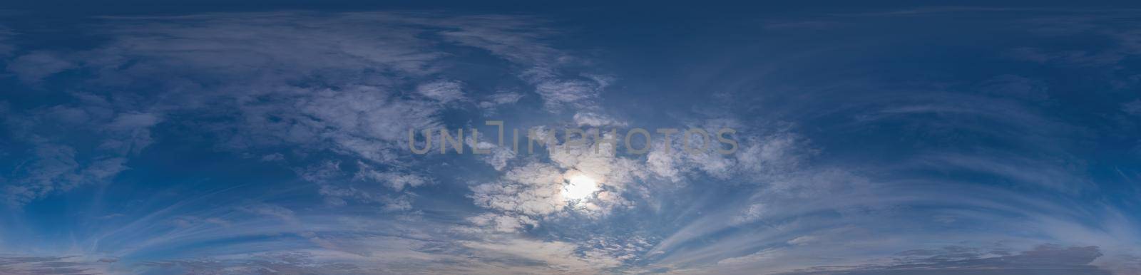 Sky panorama on sunrise with Cirrus clouds in Seamless spherical equirectangular format as full zenith for use in 3D graphics, game and in aerial drone 360 degree panoramas for sky replacement. by Matiunina