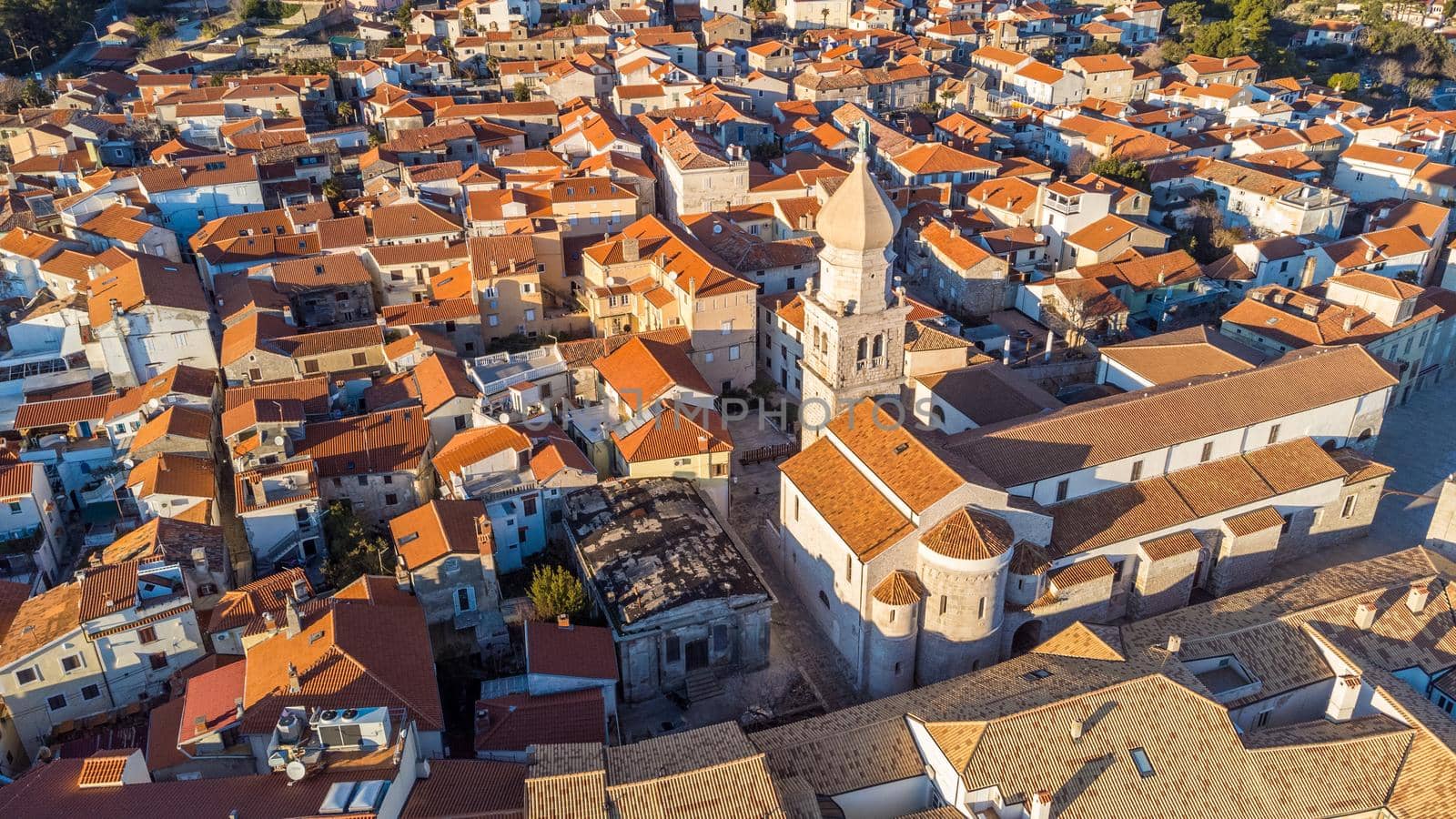 Aerial view of historic Adriatic town of Krk , Island of Krk, Kvarner bay of Adriatic sea, Croatia, Europe.