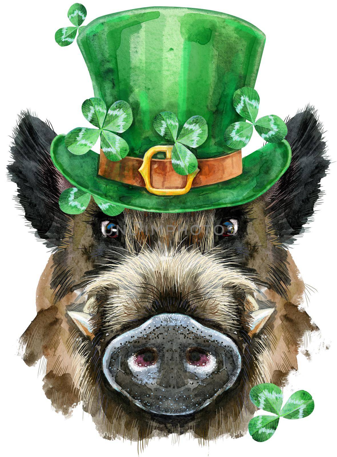 Watercolor portrait of wild boar in a leprechaun hat and clover leaves by NataOmsk