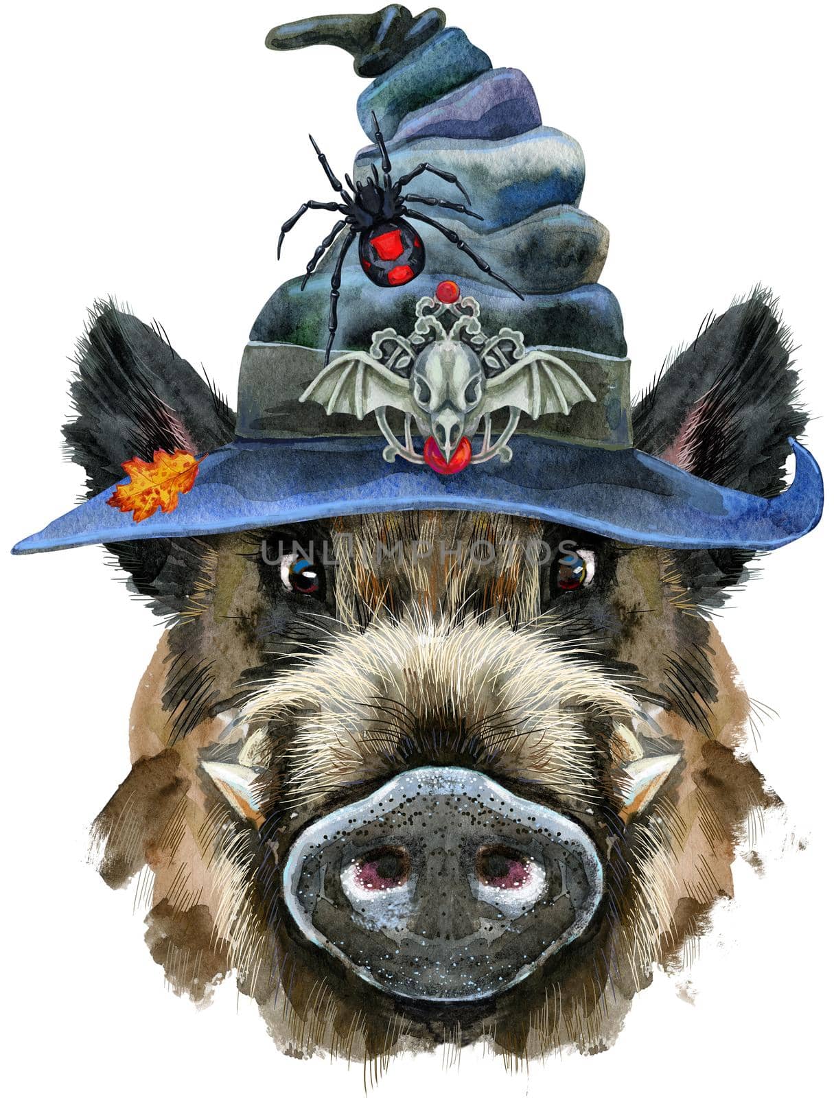 Cute piggy in witch hat with spider. Wild boar for T-shirt graphics. Watercolor brown boar illustration