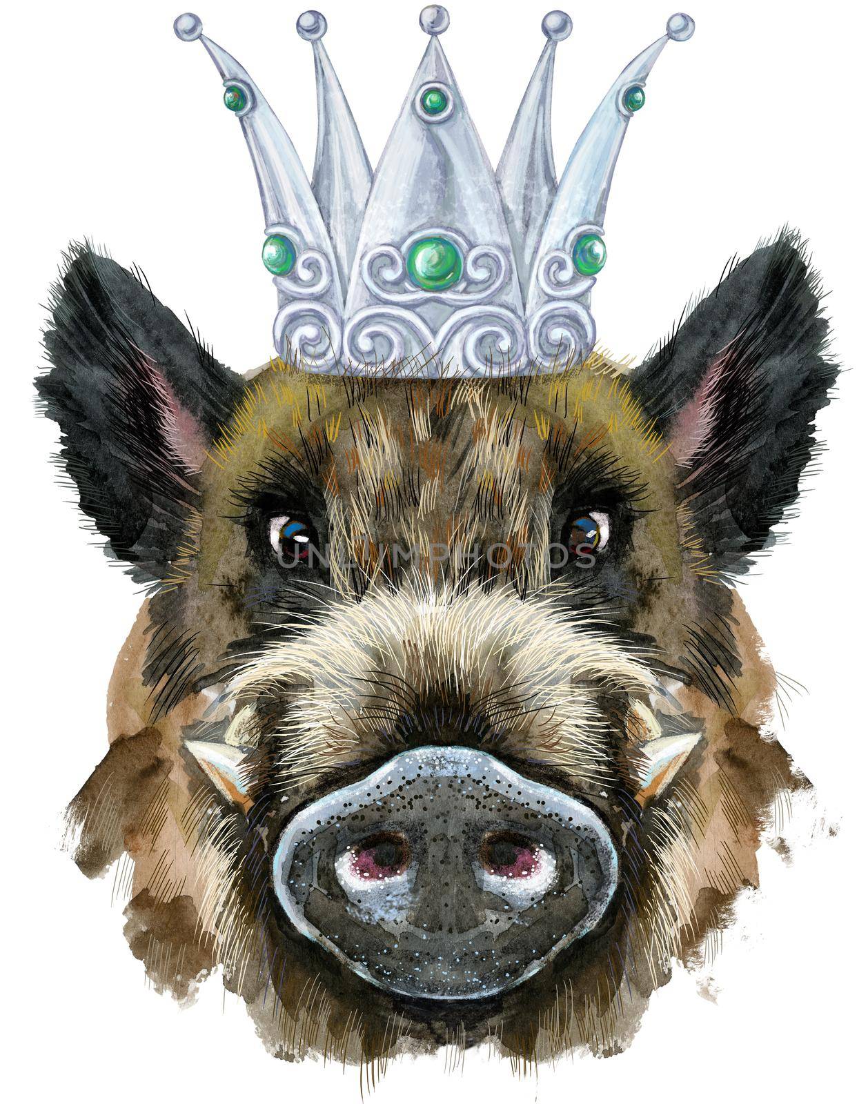 Watercolor portrait of wild boar in silver crown by NataOmsk