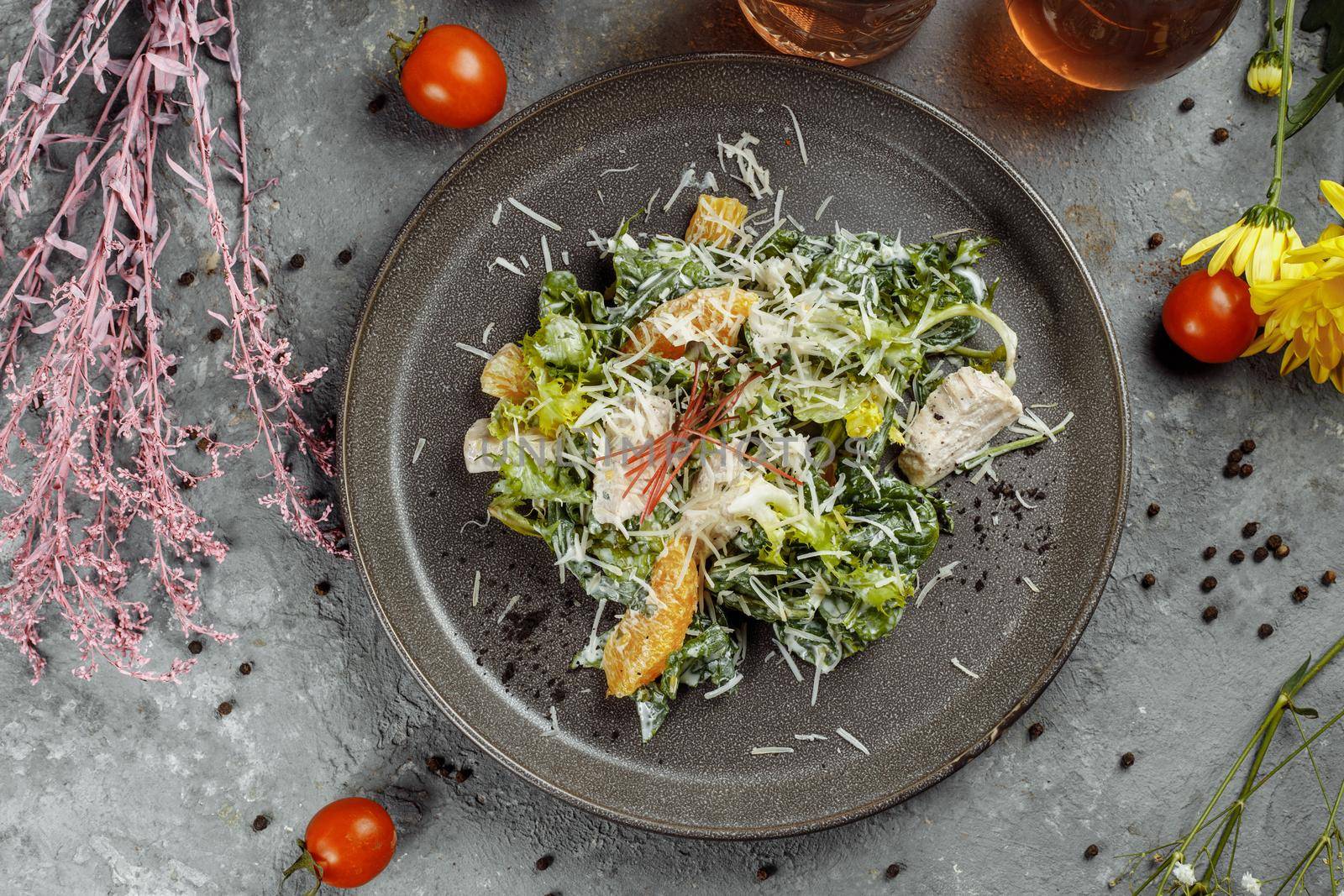 Great orange Walnut Chicken Salad top view.