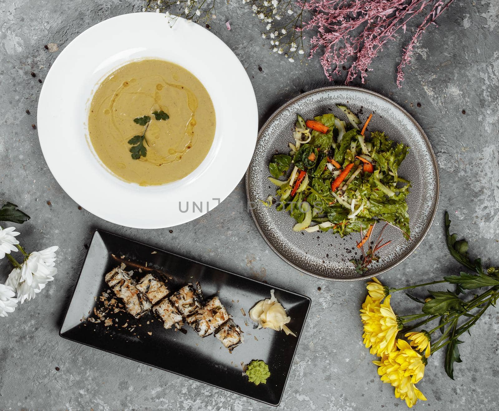 Three-course set menu for a nutritious healthy lunch in a restaurant, Three course set on a table in a business lunch, food set lunch. kremsup sushi salad by UcheaD