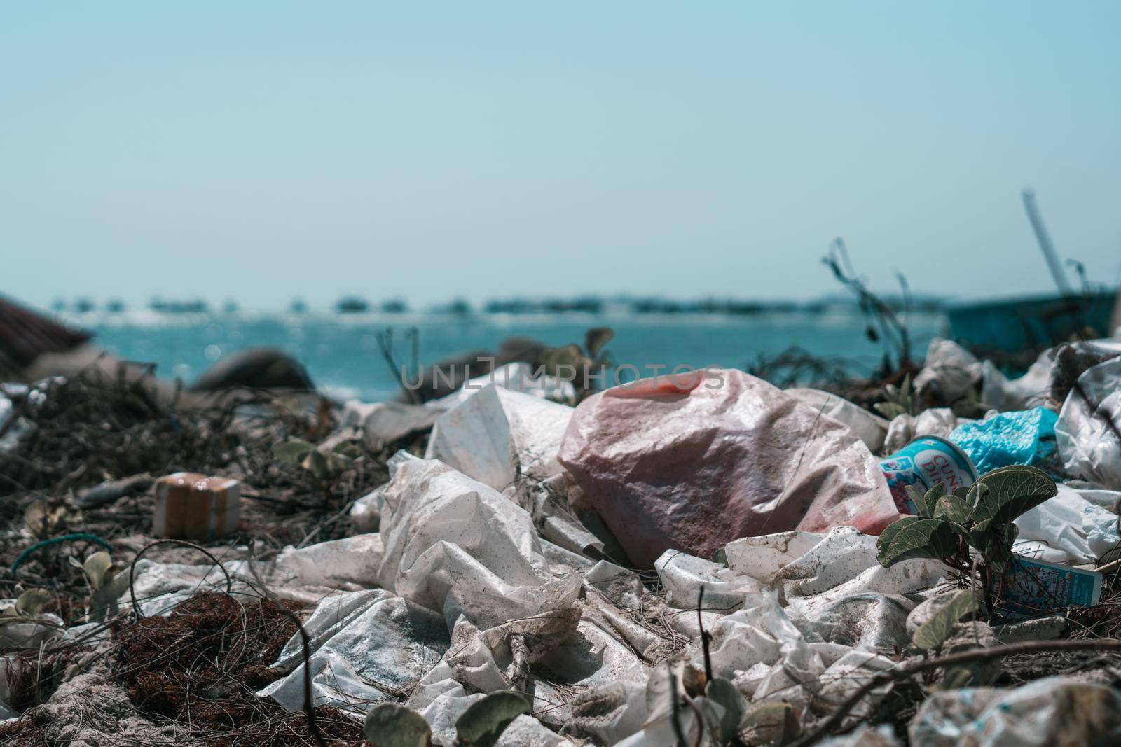 Sea horizon line. Real ocean life climate crisis, nature land pollution. Dirty sand beach, throwing outdoor plastic litter waste, need environmental protection. Problem of garbage caused by man made.