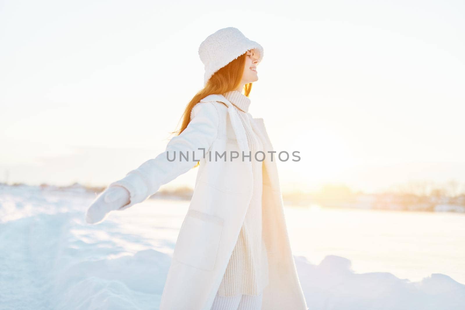 young woman winter clothes walk snow cold vacation Fresh air. High quality photo