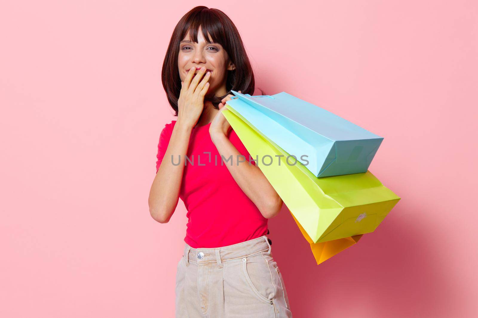 woman shopping emotions posing joy Lifestyle fashion. High quality photo