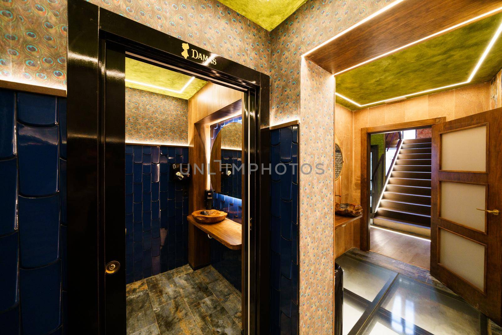 Interior of modern bathroom with opened doors and illuminated shiny walls in restaurant