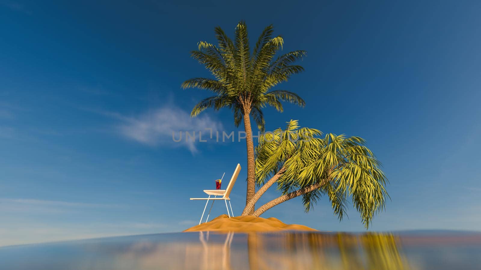 Travel. Recreation concept. Tropical island in the middle of the ocean with palm trees, deck chair and suitcase. 3d illustration