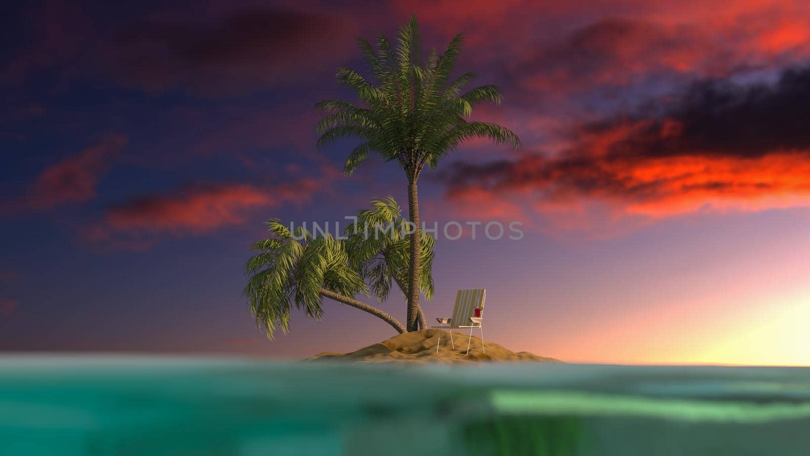 Travel. Recreation concept. Tropical island in the middle of the ocean with palm trees, deck chair and suitcase. 3d illustration