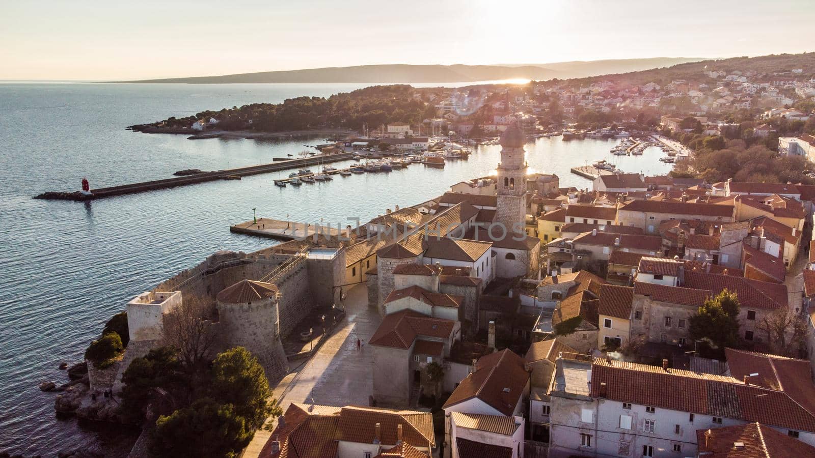 Aerial view of historic Adriatic town of Krk , Island of Krk, Kvarner bay of Adriatic sea, Croatia, Europe.