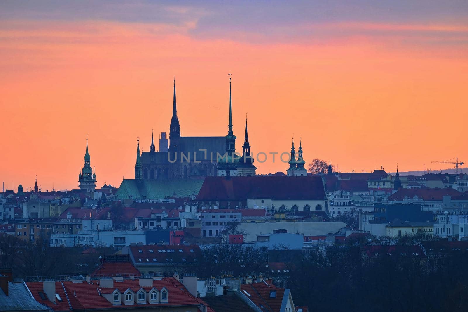 Brno city in the Czech Republic. Europe.Petrov - Cathedral of Saints Peter and Paul. Beautiful old architecture and a popular tourist destination. Landscape in sunset.