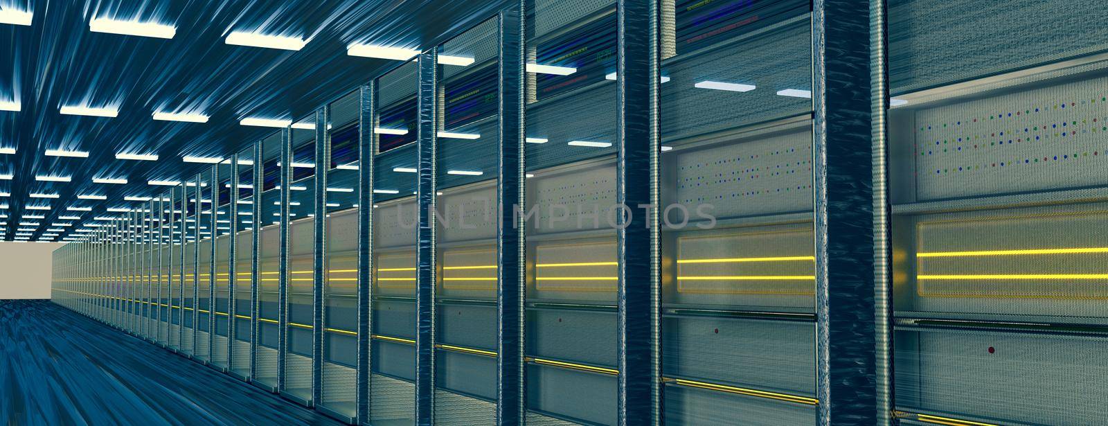 Servers. Servers room data center. Backup, mining, hosting, mainframe, farm and computer rack with storage information. 3d rendering by kwarkot