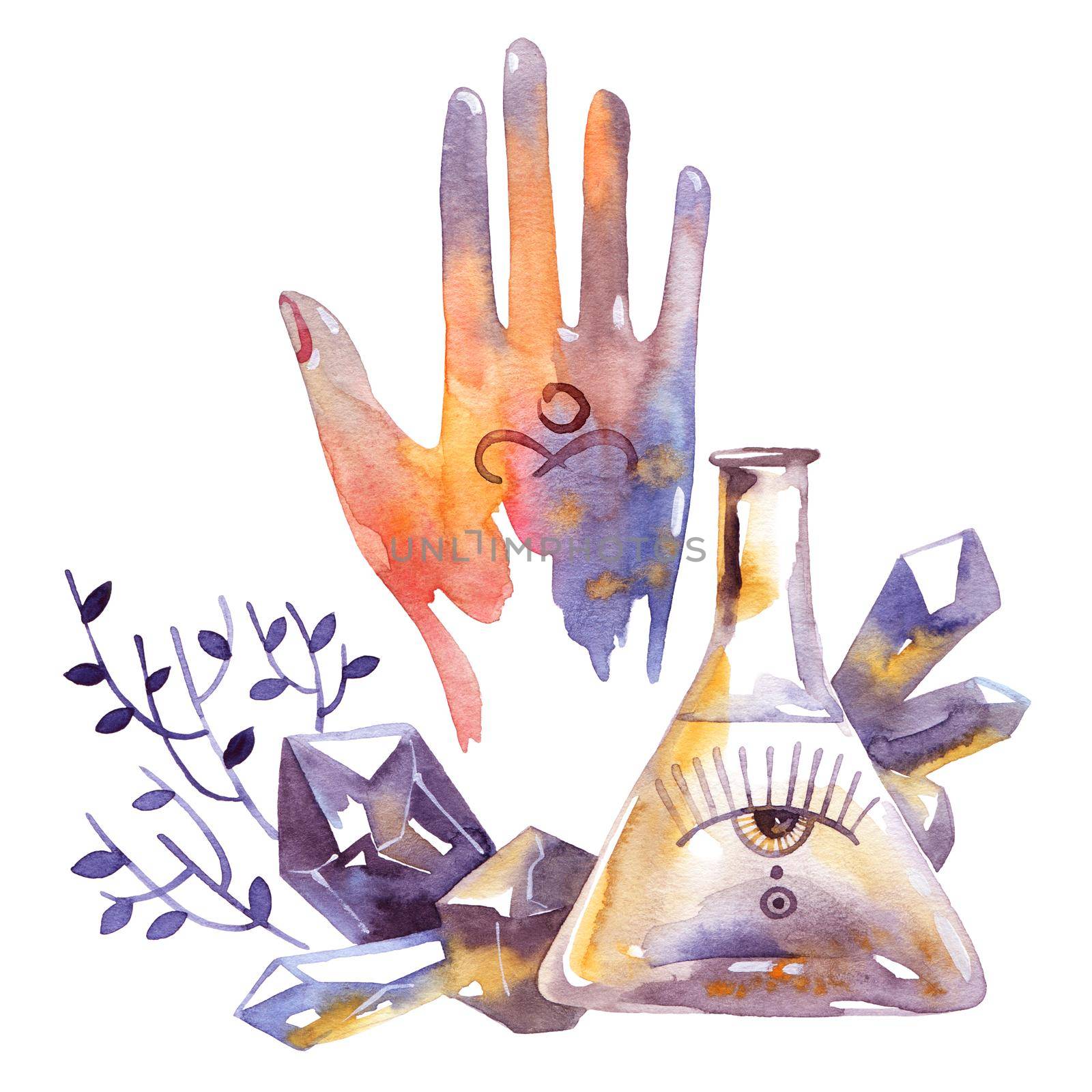 Watercolor illustration in vintage style of alchemy objects - vial, all-seeing eye, crystals, hand, leaves