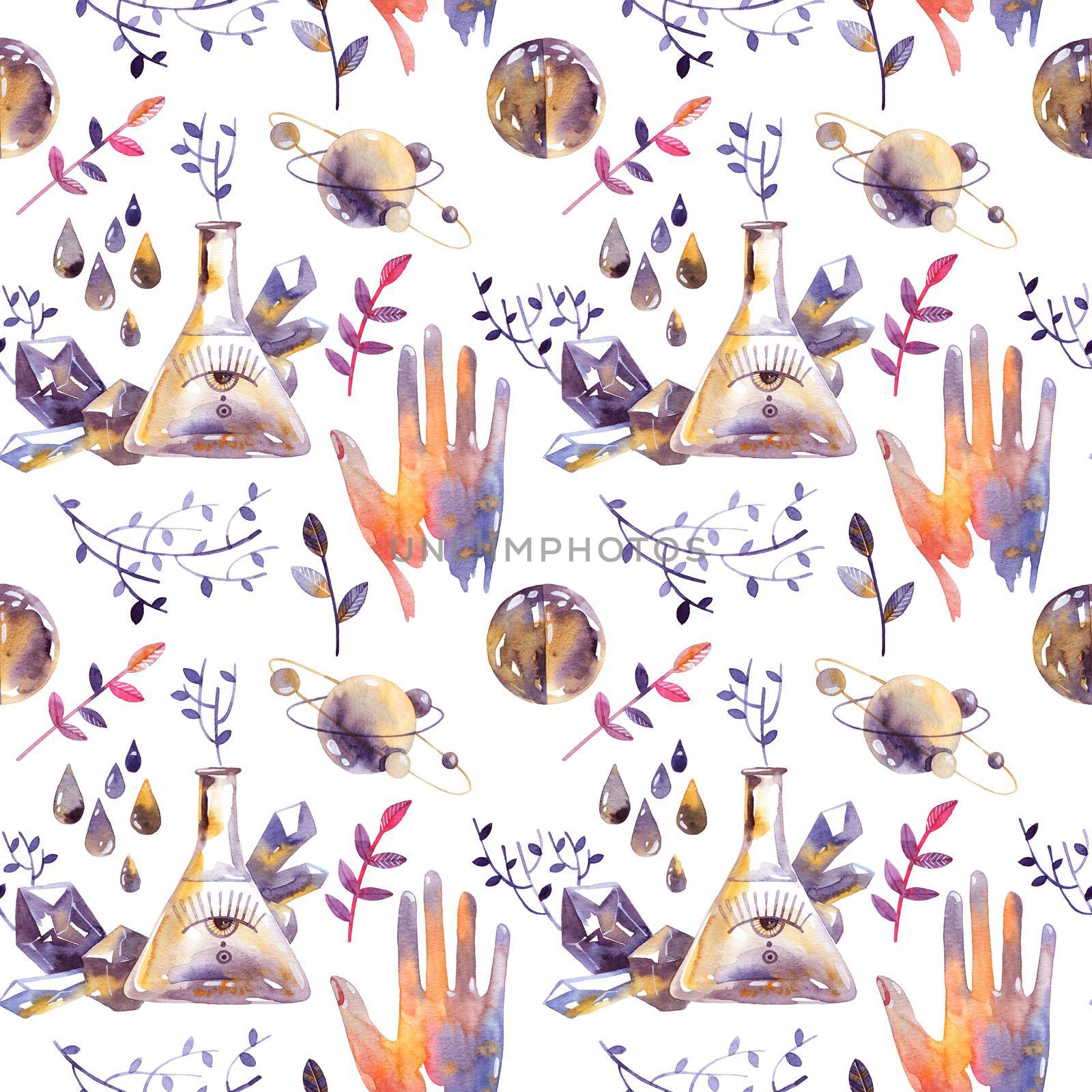 Watercolor seamless pattern in vintage style of alchemy objects - vial, all-seeing eye, crystals, hand, leaves, planets