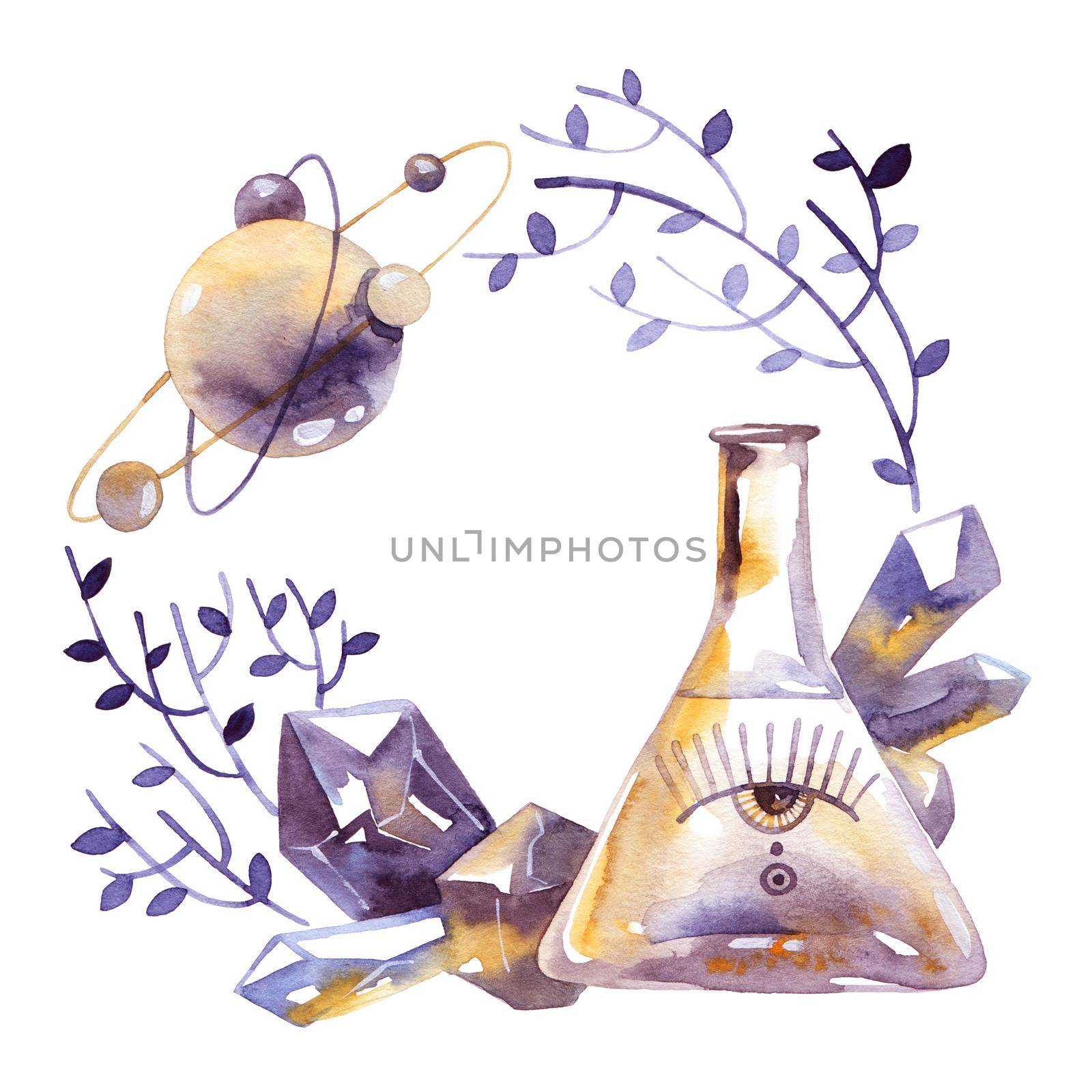 Watercolor illustration in vintage style of alchemy objects - vial, all-seeing eye, crystals, planet system, leaves. Decorative frame on white background.