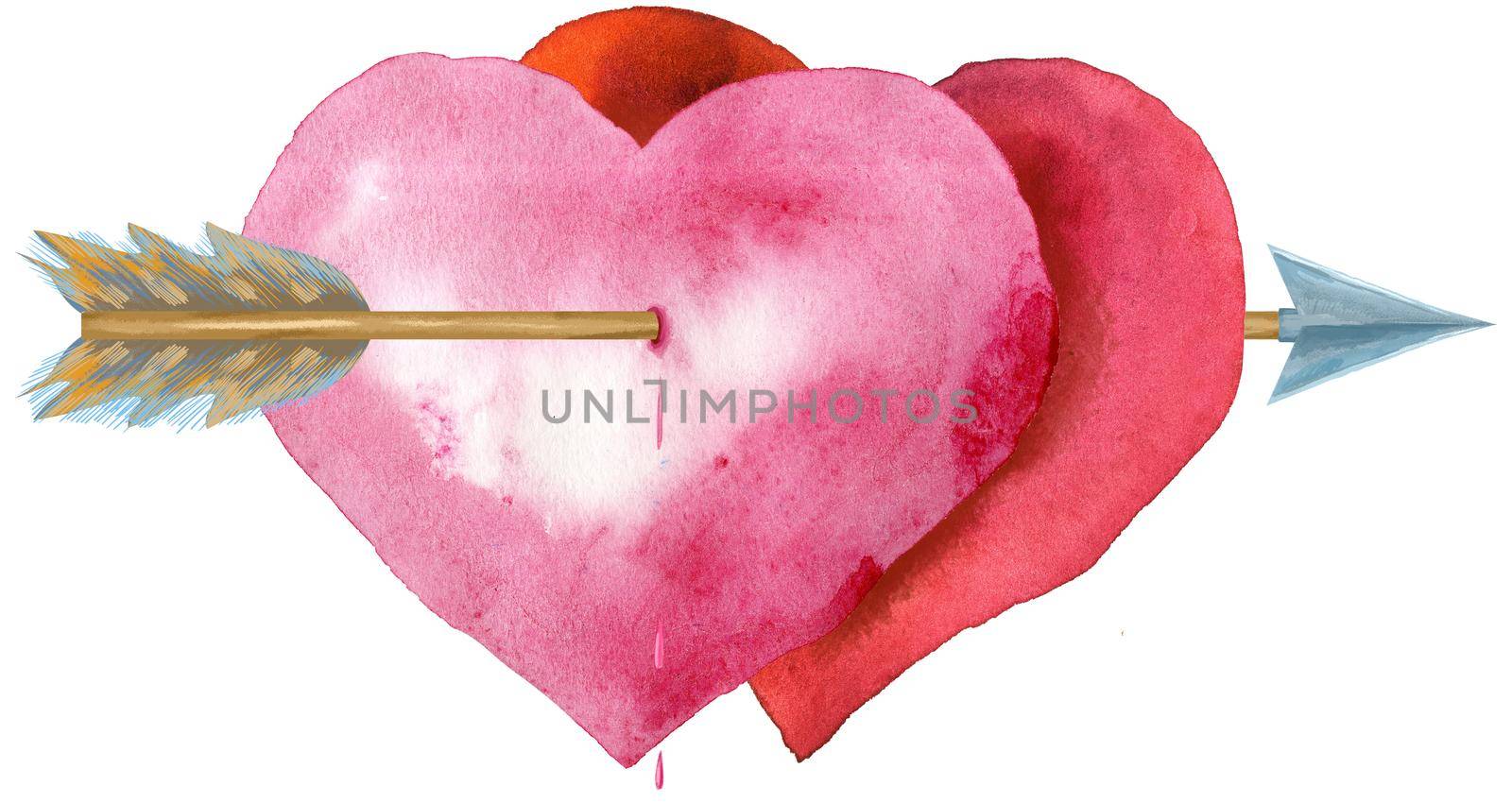 Beautiful valentines card of two hearts linked by an arrow. Watercolor illustration.