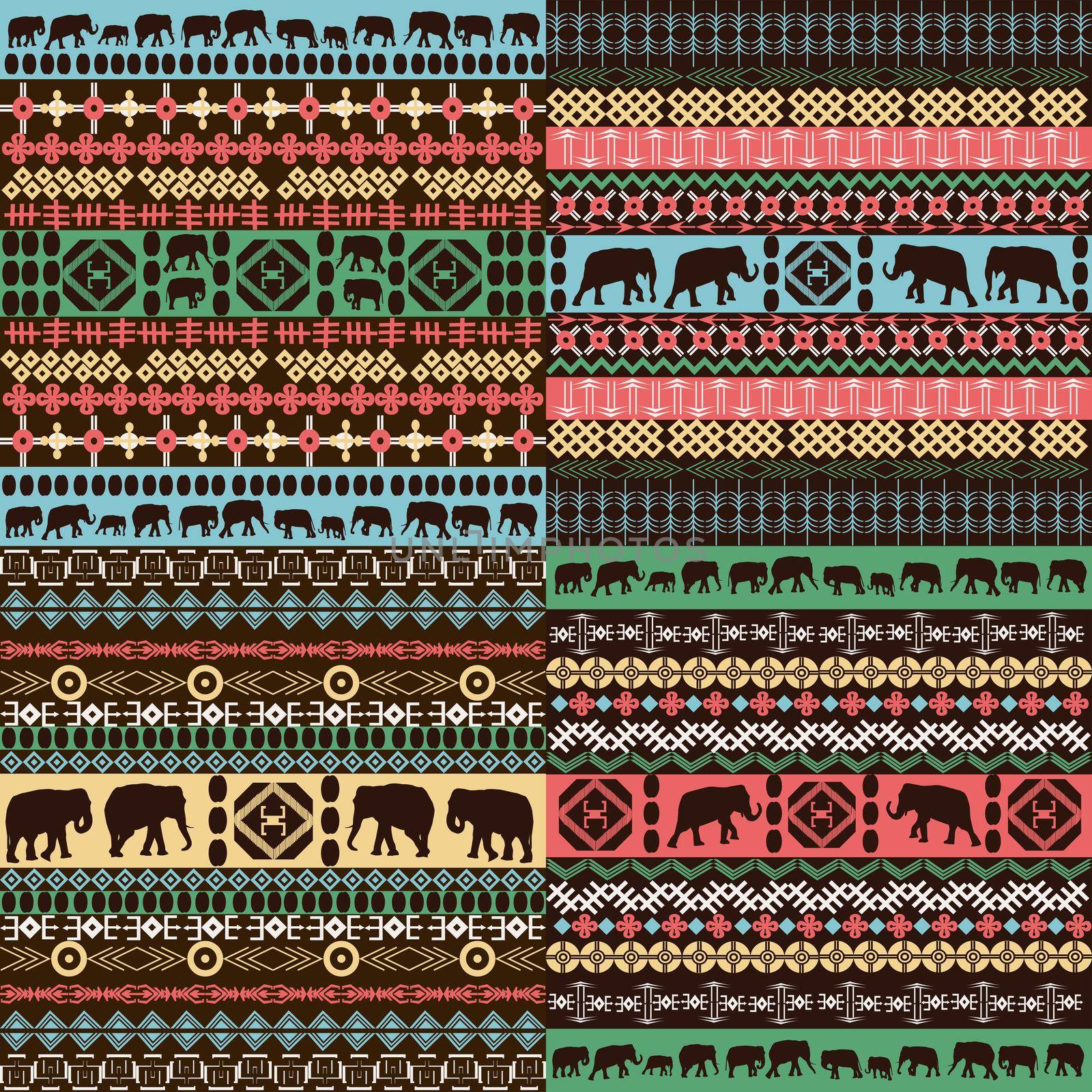 Colorful african patterns with elephants silhouettes by hibrida13