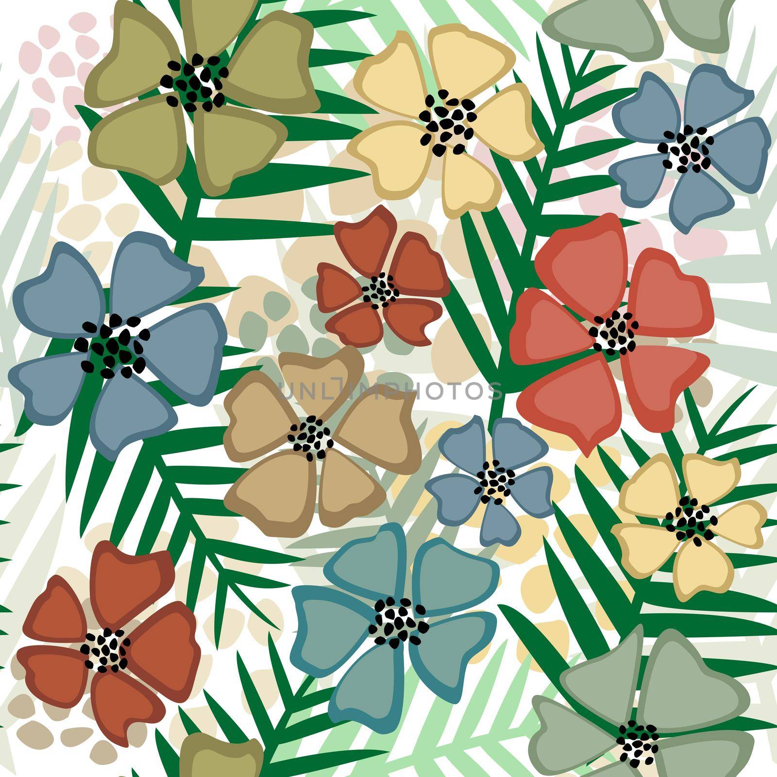 Abstract tropical seamless with fern leaves and flowers