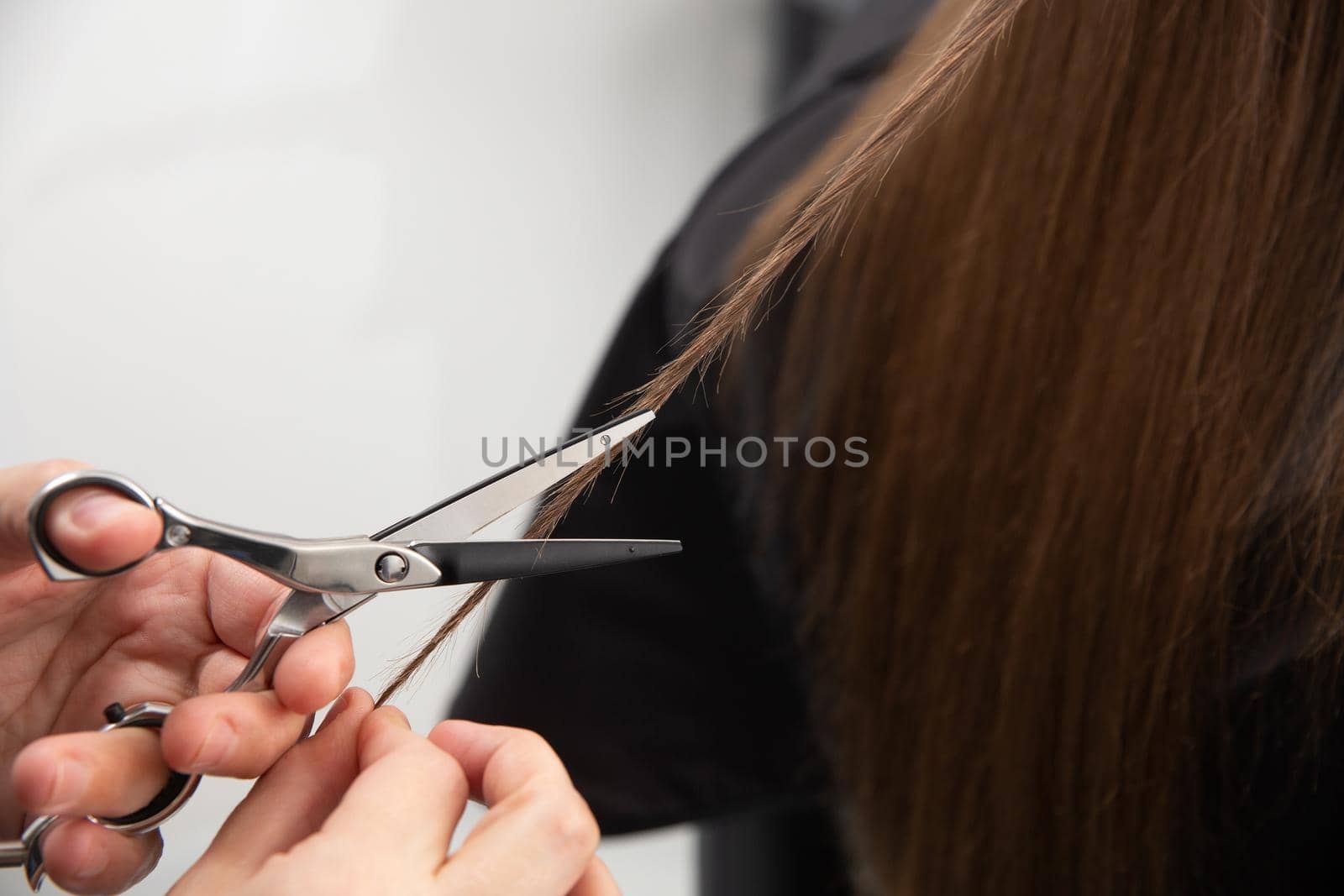 Professional hair stylist holding comb and hot thermal scissors cutting tips of long straight hair lock closeup. Hairdresser salon, barber shop, perfect look, modern technique, new hairdo concept.