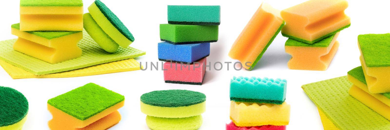 Colorful kitchen sponges set collage isolated on white background. Group of home cleaning tools for washing and housekeeping