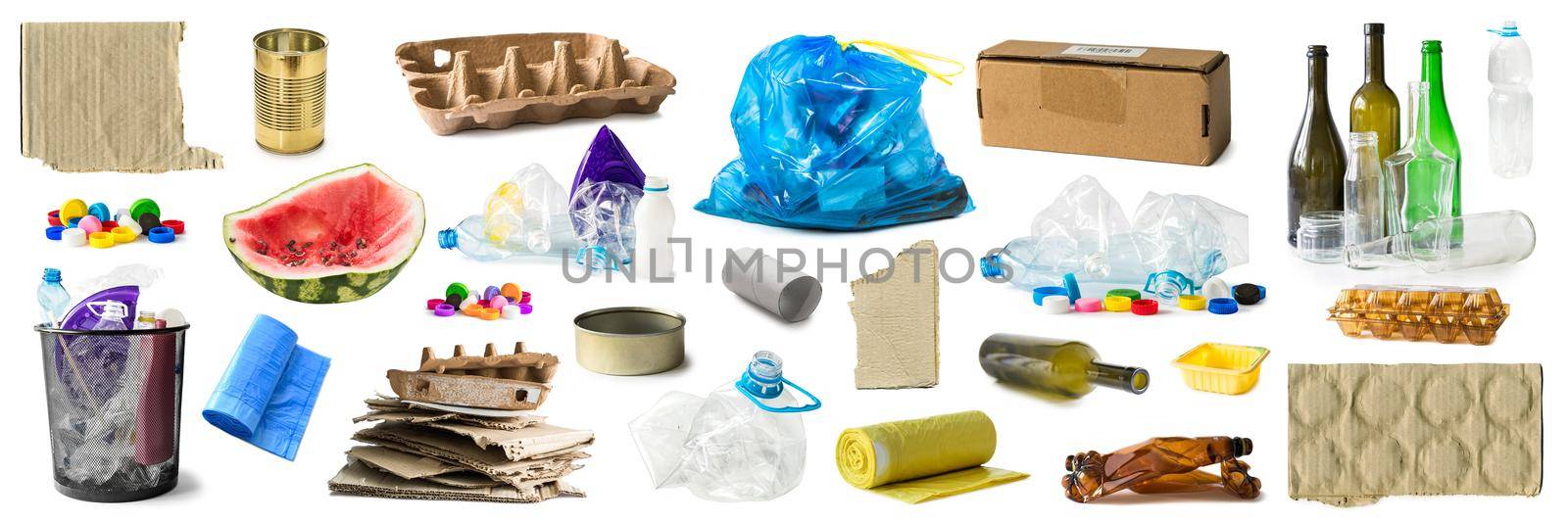 Sorted garbage collage with different types of trash isolated on white background. Set of recycled rubbish separated on groups