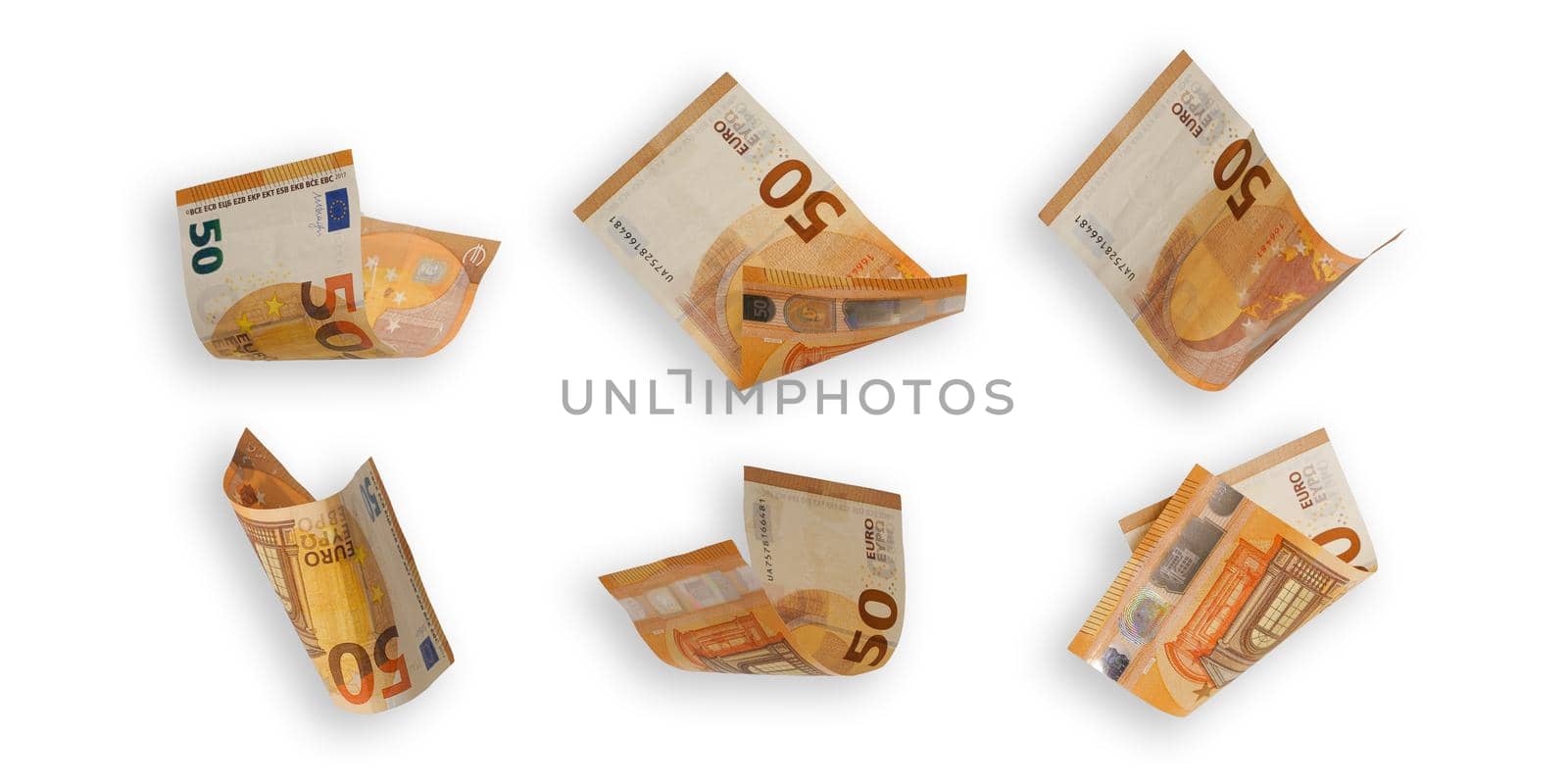 Flying 50 euro banknotes isolated on white background by DariaKulkova