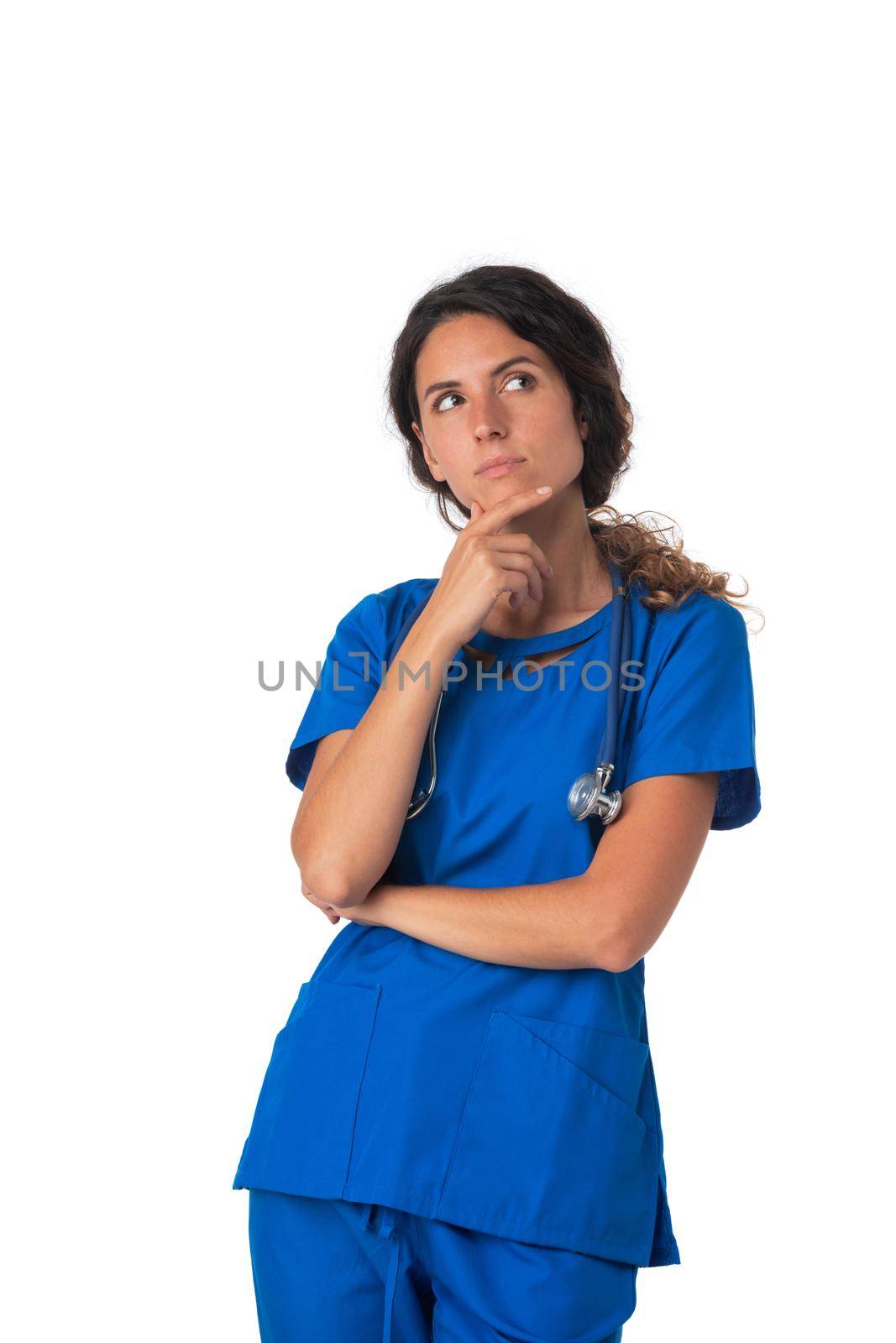 Nurse woman think looking up by ALotOfPeople