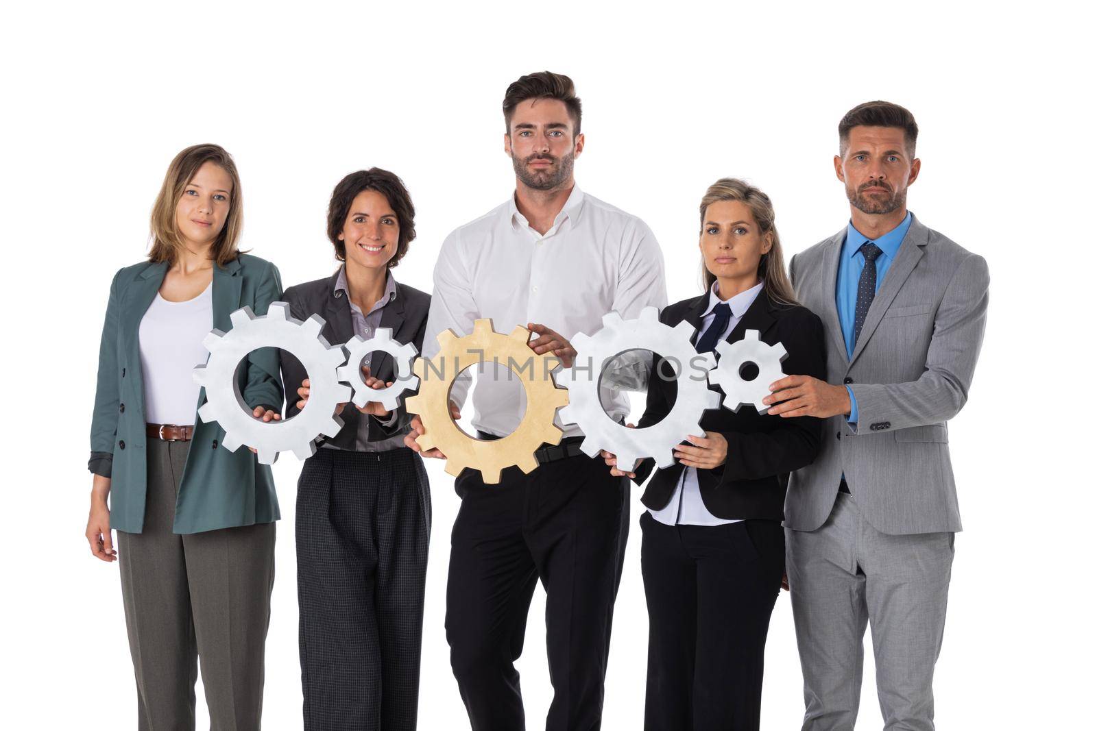 Group of happy business people holding cogwheels teamwork cooperation oncept isolated on white background