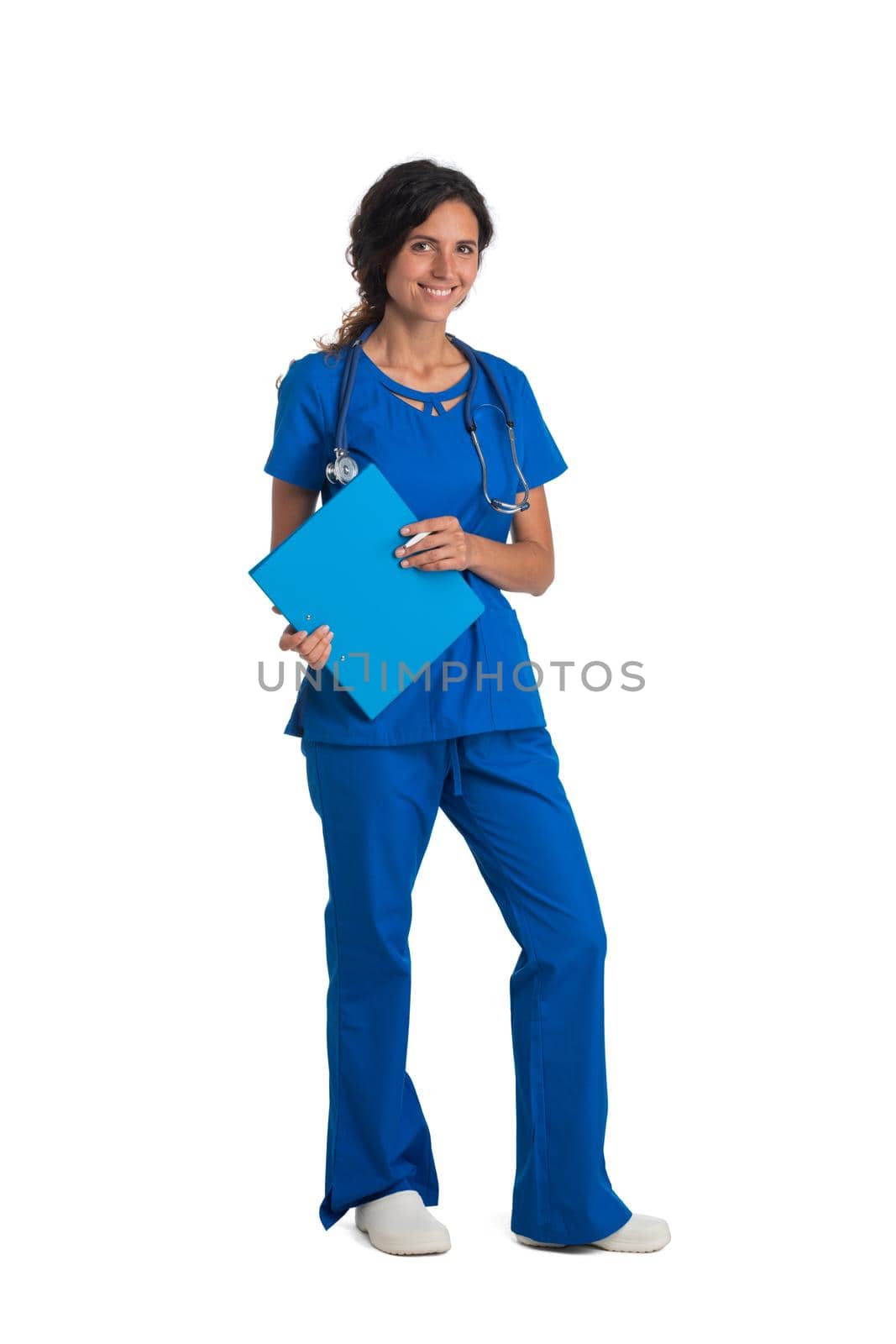 Smiling confident young female doctor woman with stethoscope holding health card isolated on white background