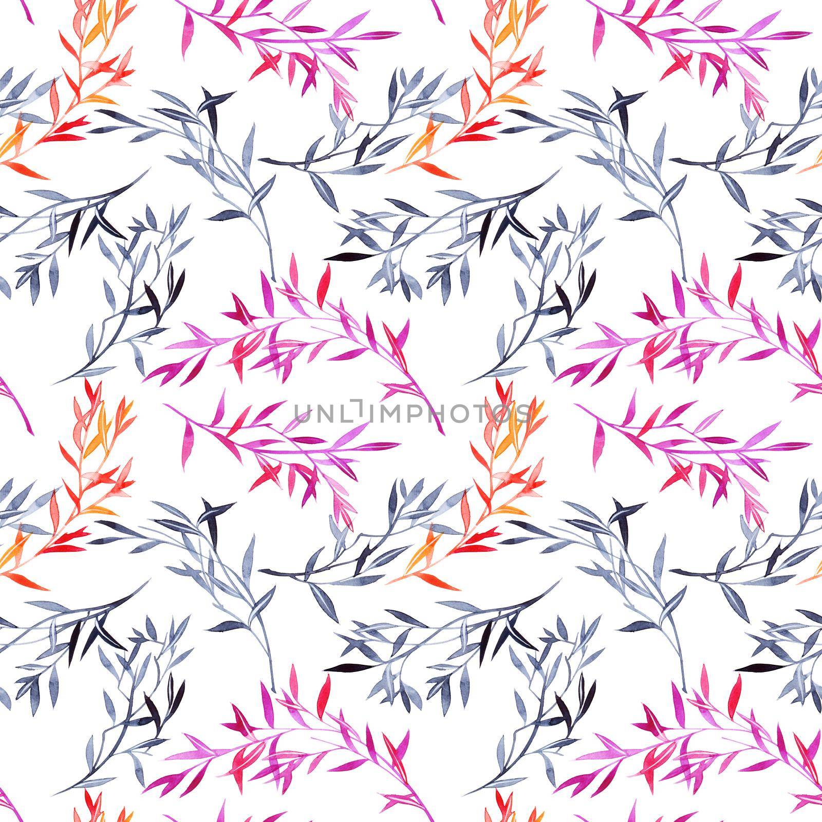 Watercolor seamless pattern of leaves on white background