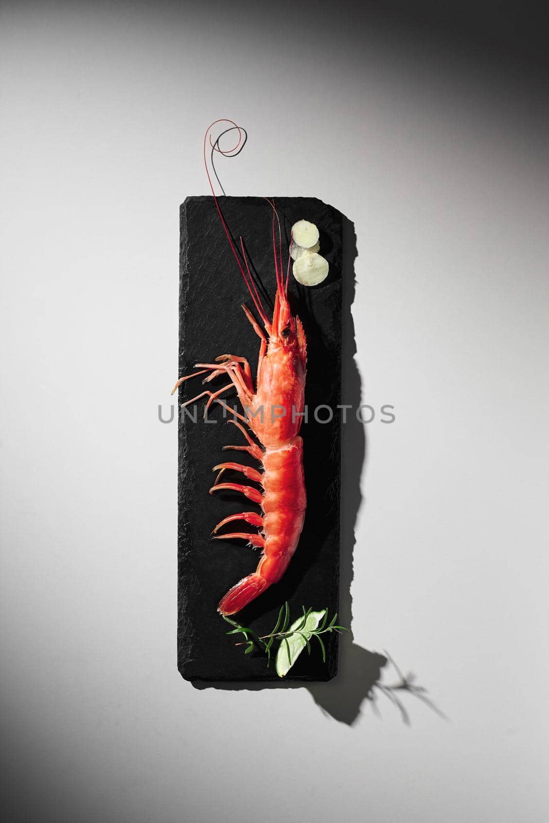 Top view of one cooked red shrimp on slate board with lime slice, garlic and fresh rosemary sprig on grey background with shadow. Individual serving of seafood. Catering concept