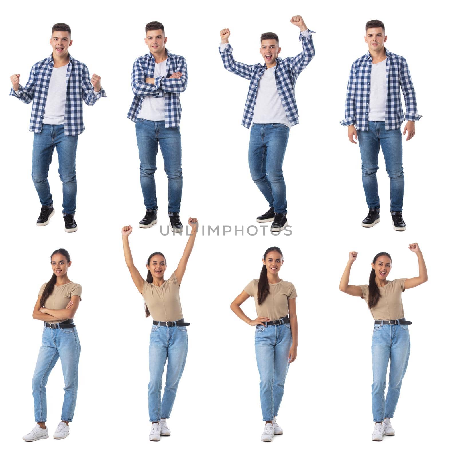 Set of young man and woman portraits, different expressions, design elements isolated on white background