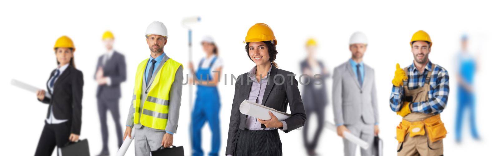 Team of different Industrial construction workers. Isolated on white background. Architect, worker, house painter, business people