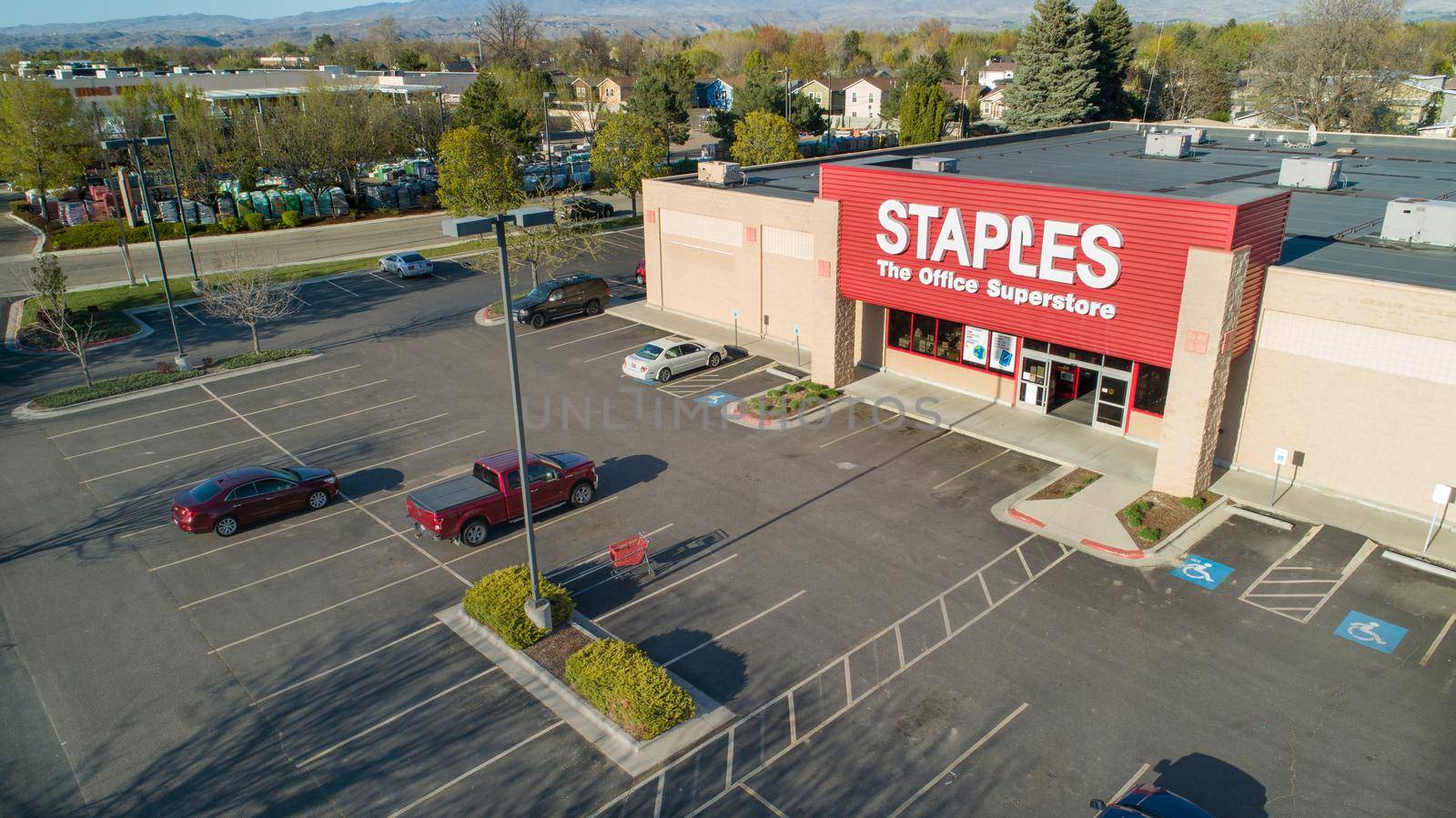 NAMPA, IDAHO - APRIL 23, 2021: Aerial view of a Staples store which is one of the largest office supply chains in the US