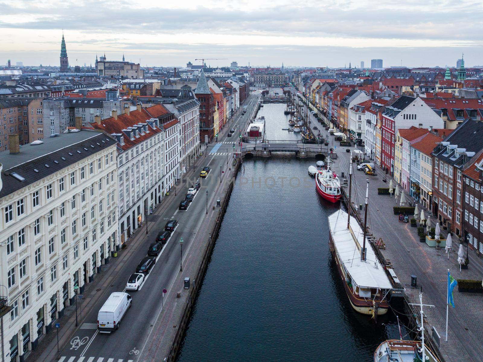 Aerial Drone View of Nyhavn in Copenhagen, Denmark by oliverfoerstner