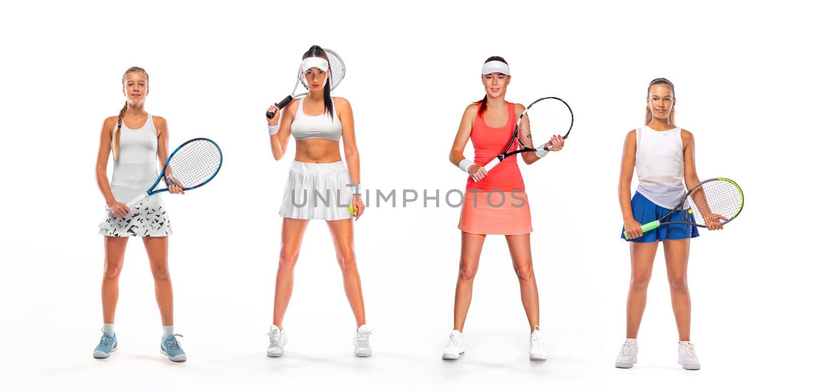 Tennis player with racket in sportswear. Woman athlete playing dark background. by MikeOrlov