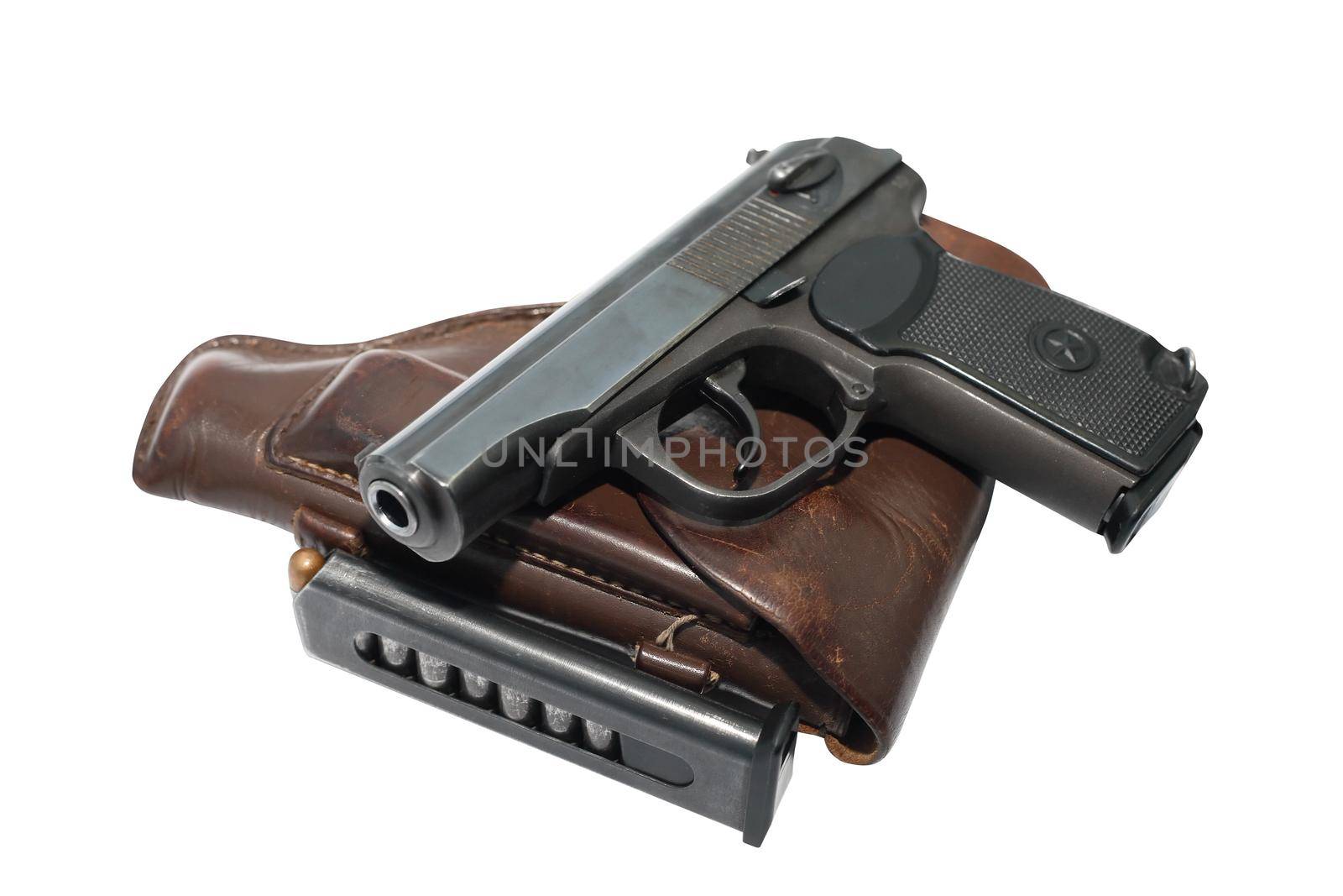 Eight-capacity magazine near handgun and holster isolated on white background