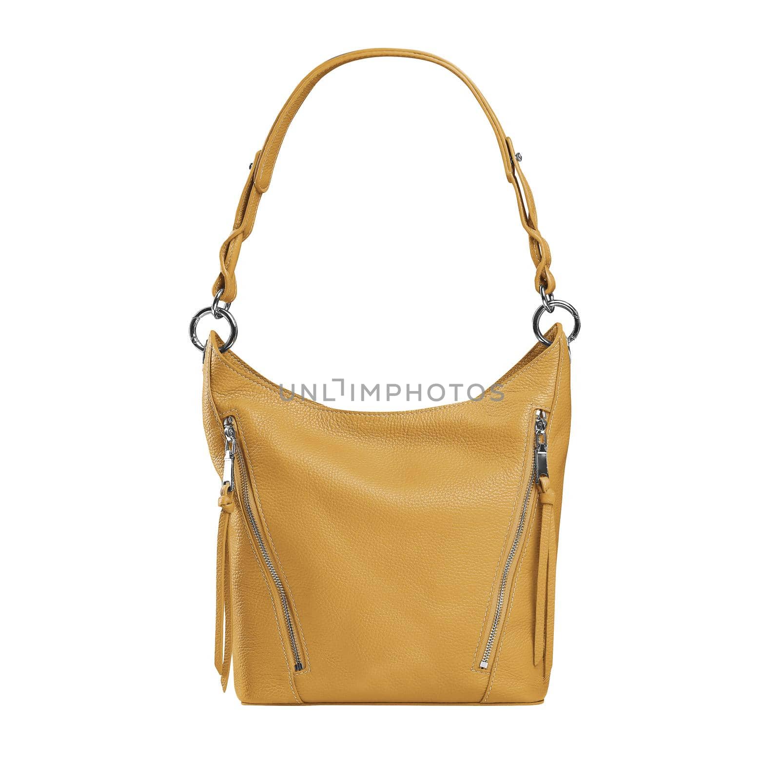 Elegant middle size yellow handbag made of genuine leather with long strap isolated on white background. Fashion accessories for ladies