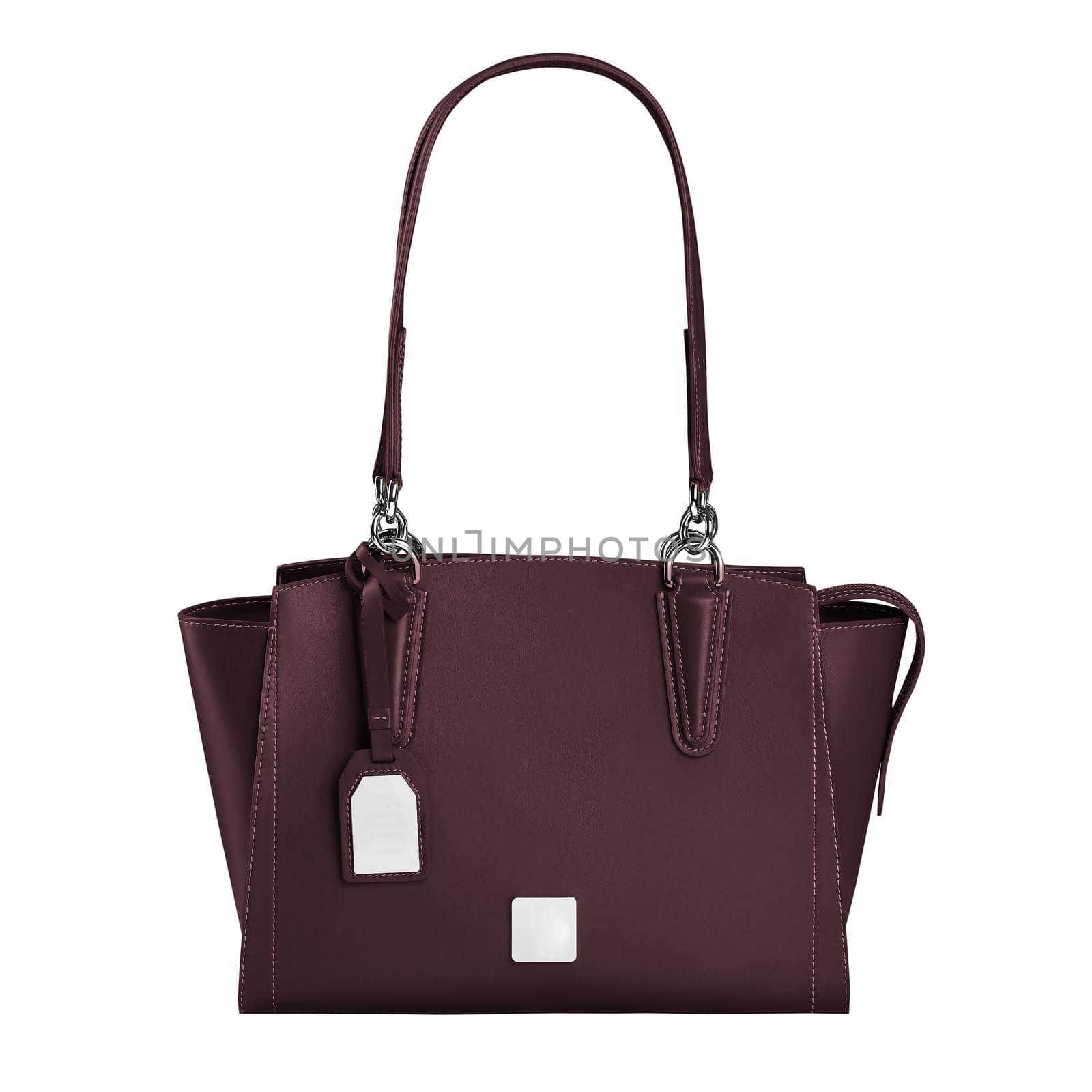 Comfortable dark maroon medium sized handbag made of genuine leather with two handles and blank labels isolated on white background. Women accessories concept