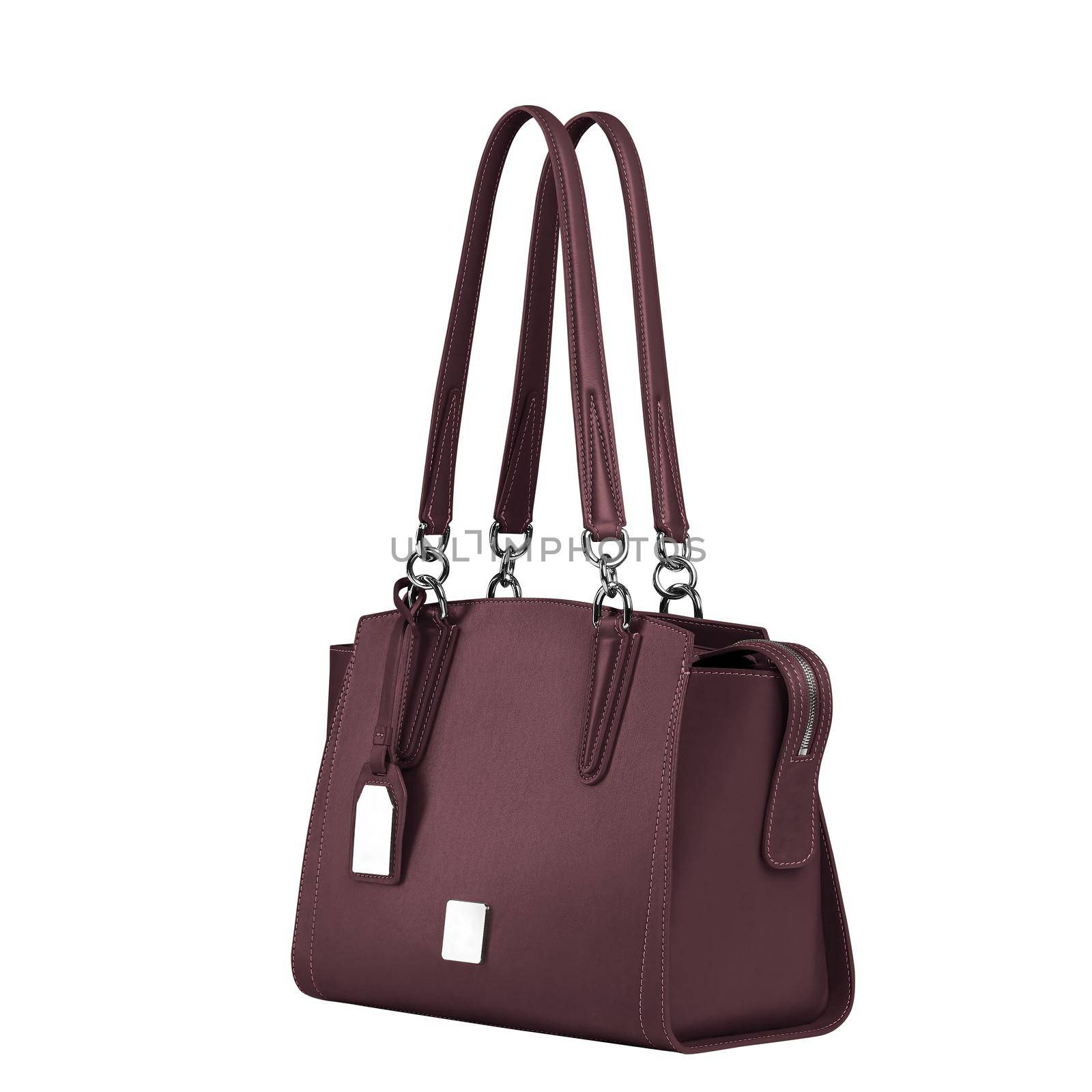 Practical dark burgundy women handbag with two handles, chrome fittings and blank labels isolated on white background. Exclusive handmade product made of genuine leather