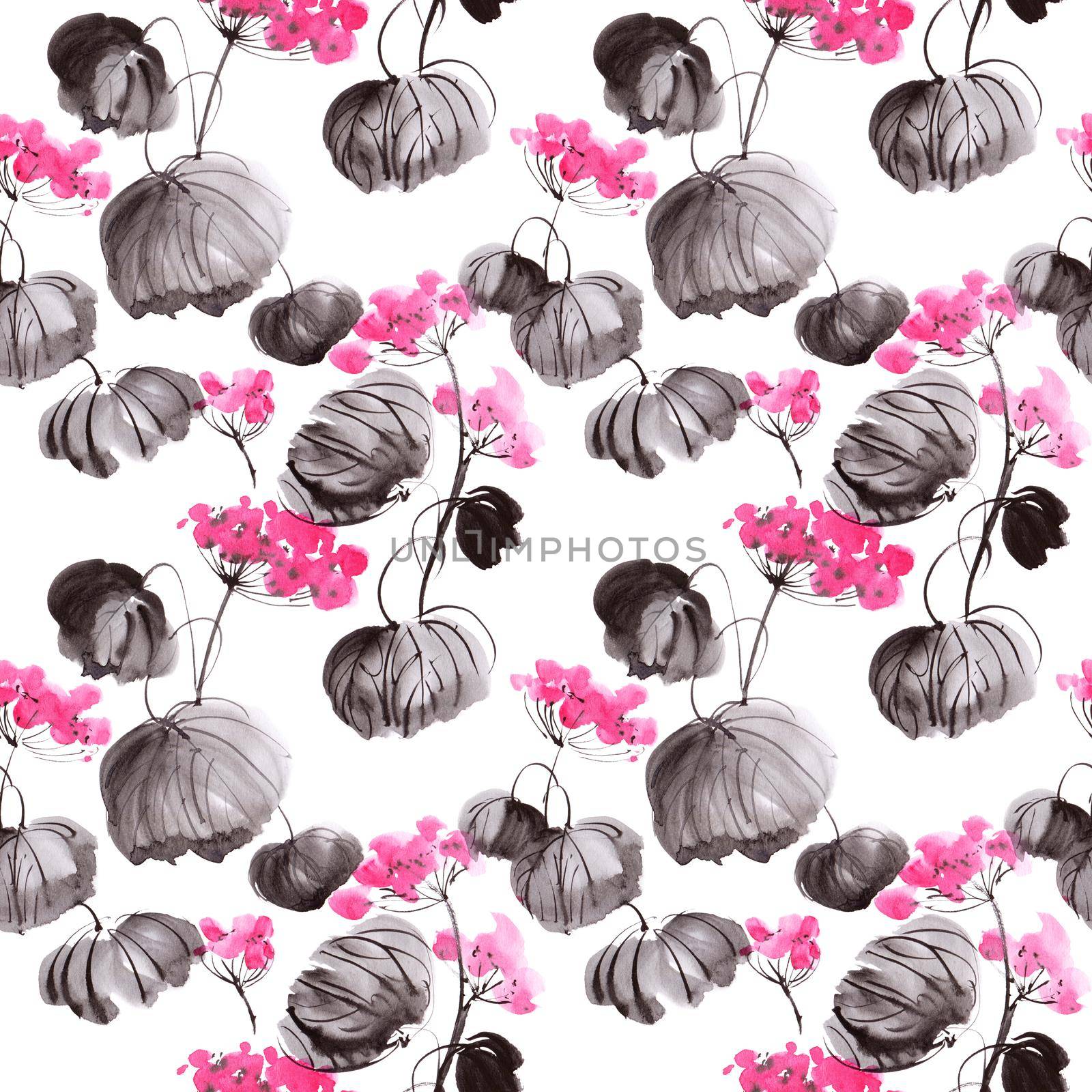 Watercolor seamless pattern with blossom geranium - oriental traditional painting sumi-e or gohua
