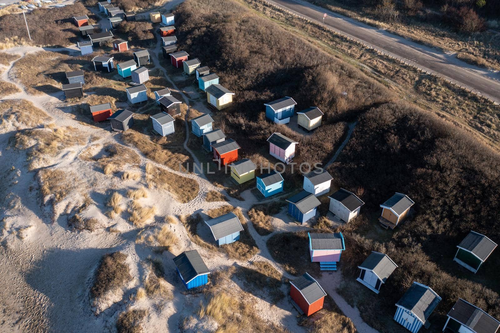 Aerial view of Beach Huts at Tisvildeleje Beach by oliverfoerstner