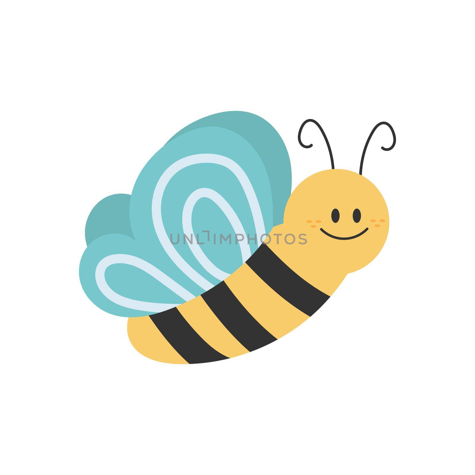 Lovely simple design of a cartoon yellow and black bee on a white background. Hand drawn style