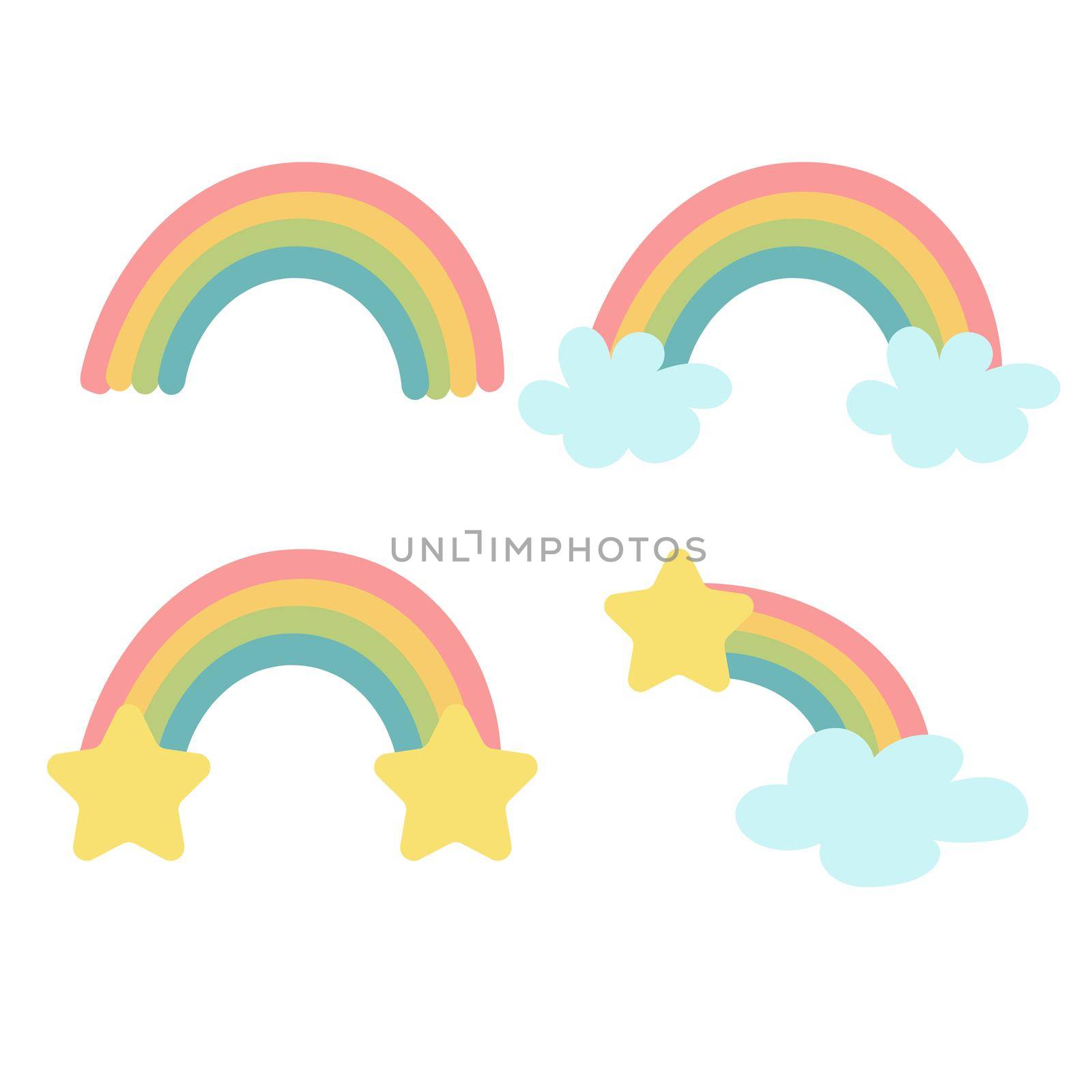 Vector baby rainbow illustration. Hand drawn nursery modern rainbow. Cute design for baby shower, kids clothes print, card. Set of icons