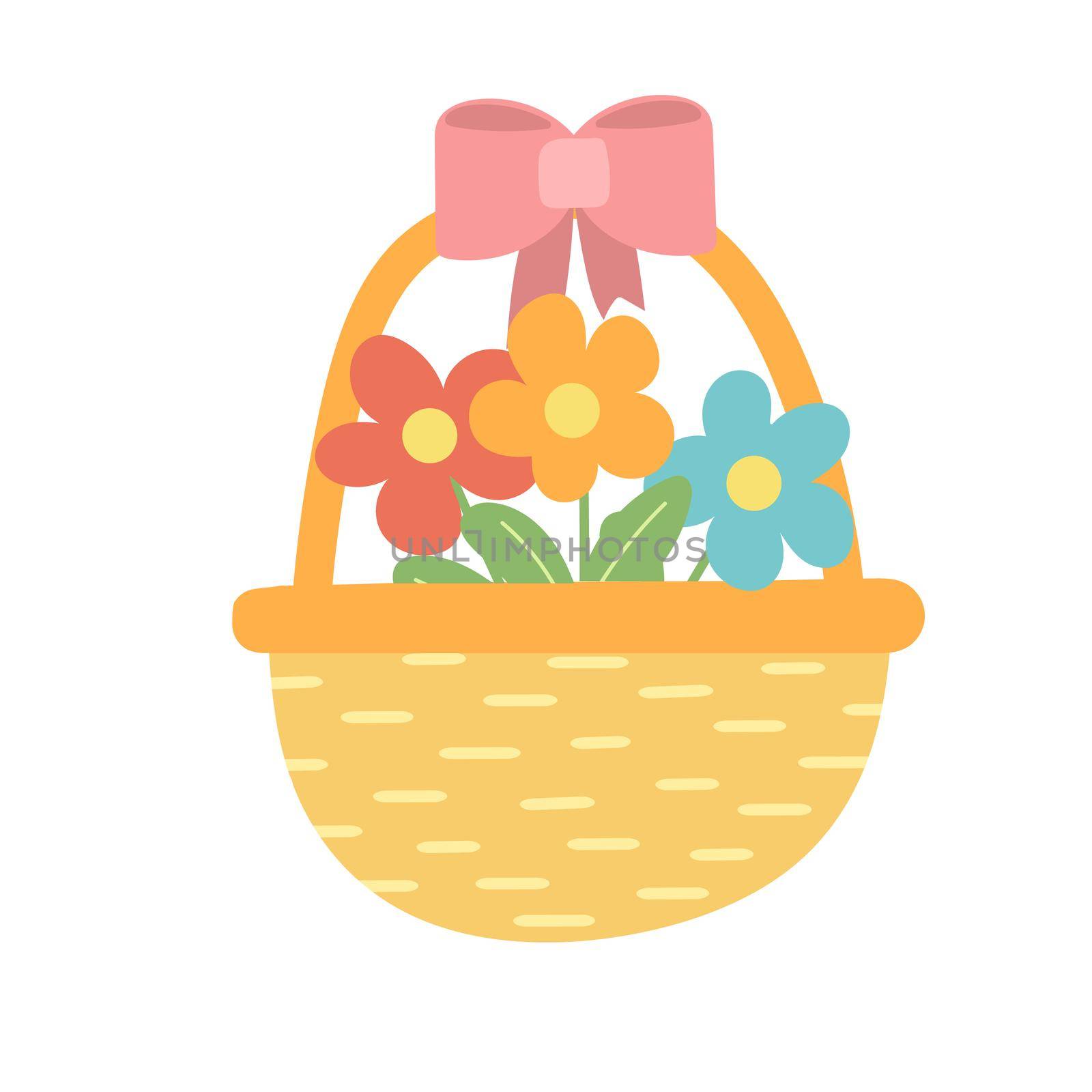 Wicker basket with flowers. Hand drawing, flat vector illustration on white