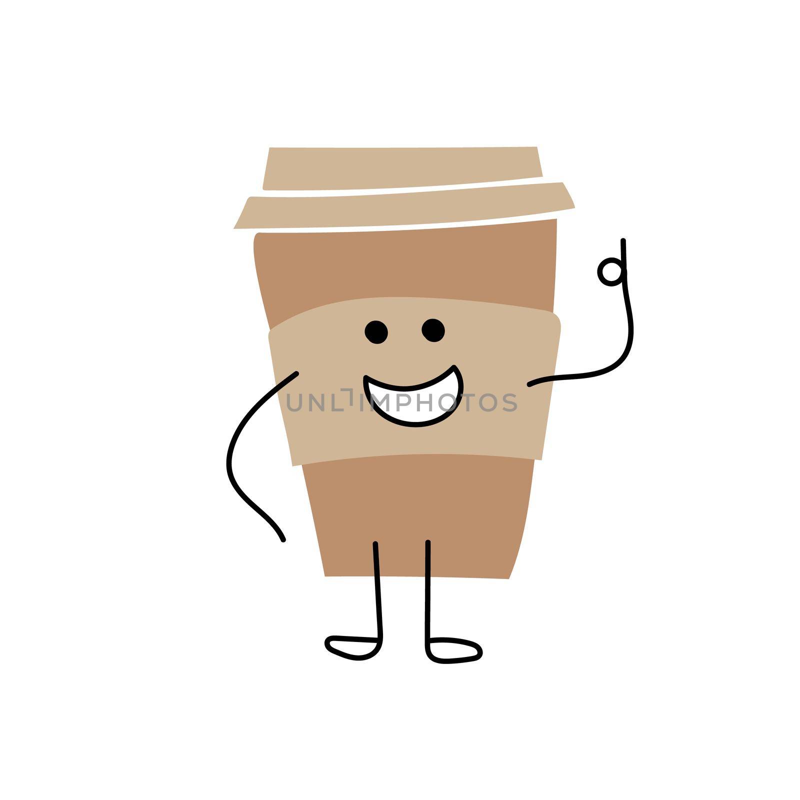 Cartoon coffee cup showing ok sign. Take away coffee. Happy cup of coffee. Vector flat cartoon illustration on white