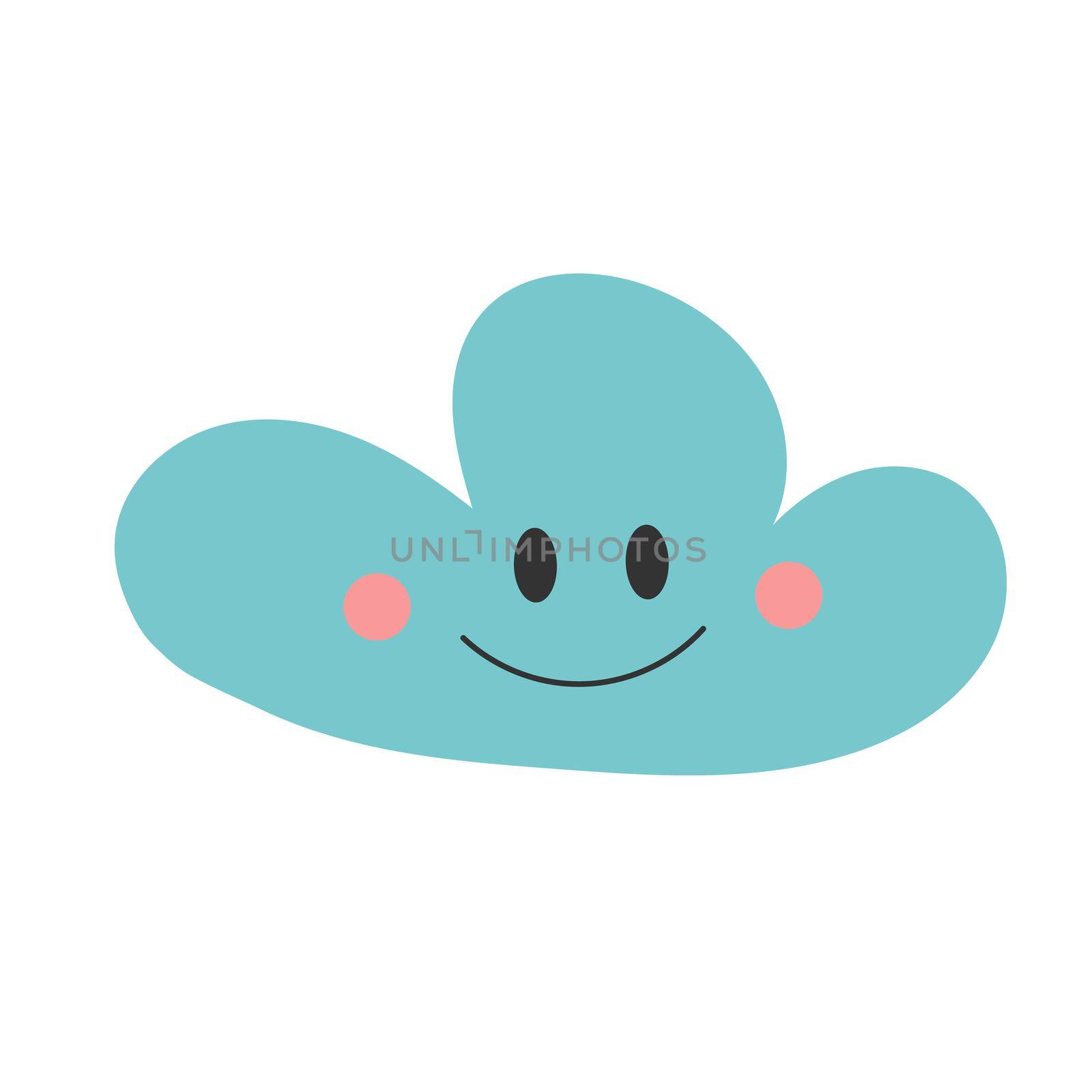 Cute hand drawn print with happy blue smiling cloud. Simple vector illustration on white