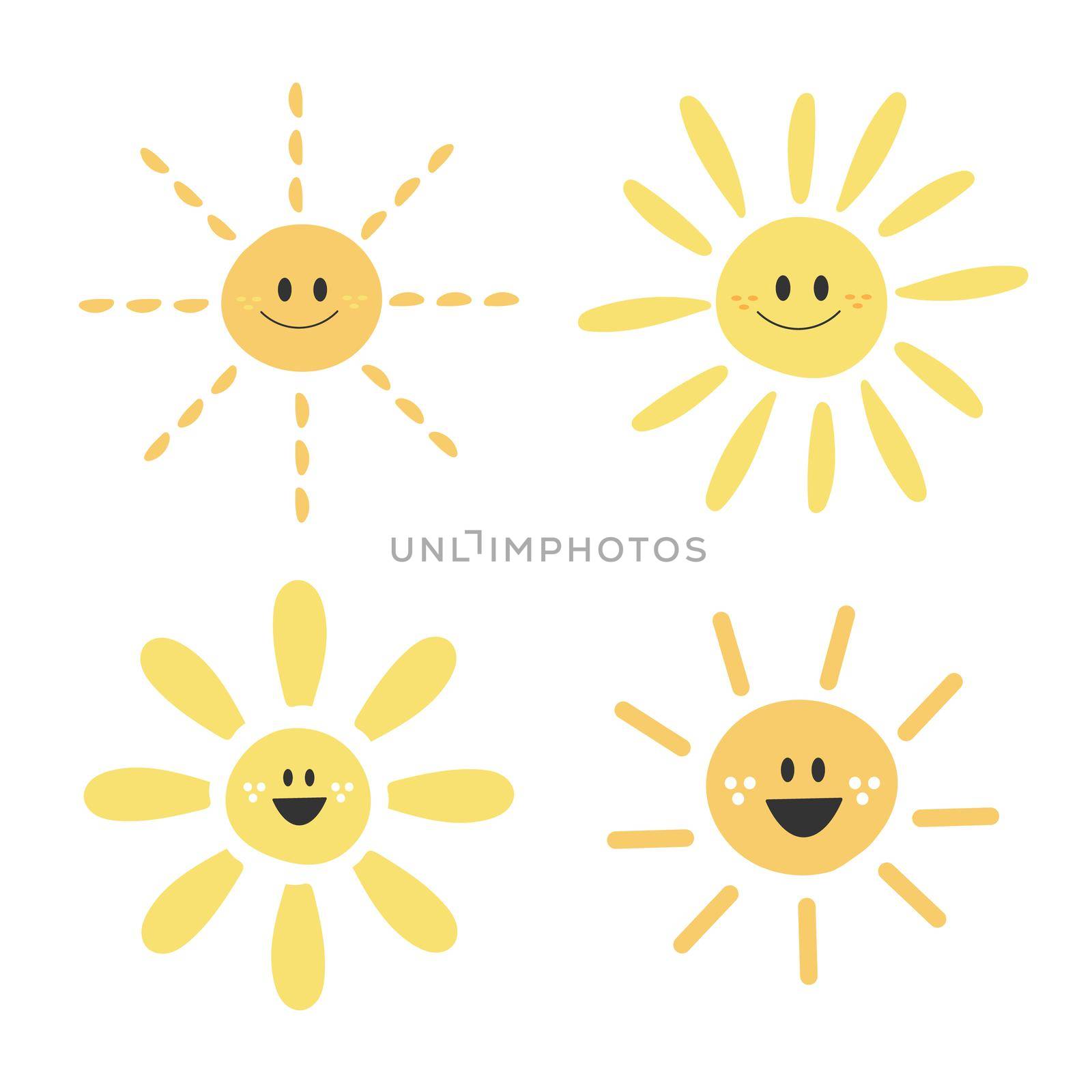 Cute funny Sun characters. Vector hand drawn sun isolated on white background by natali_brill