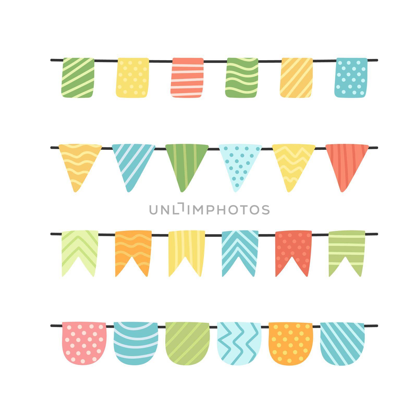 Vector cute pennants icon set. Beautiful flags in hand drawn style. Isolated garland on a white background. Flat cartoon style.