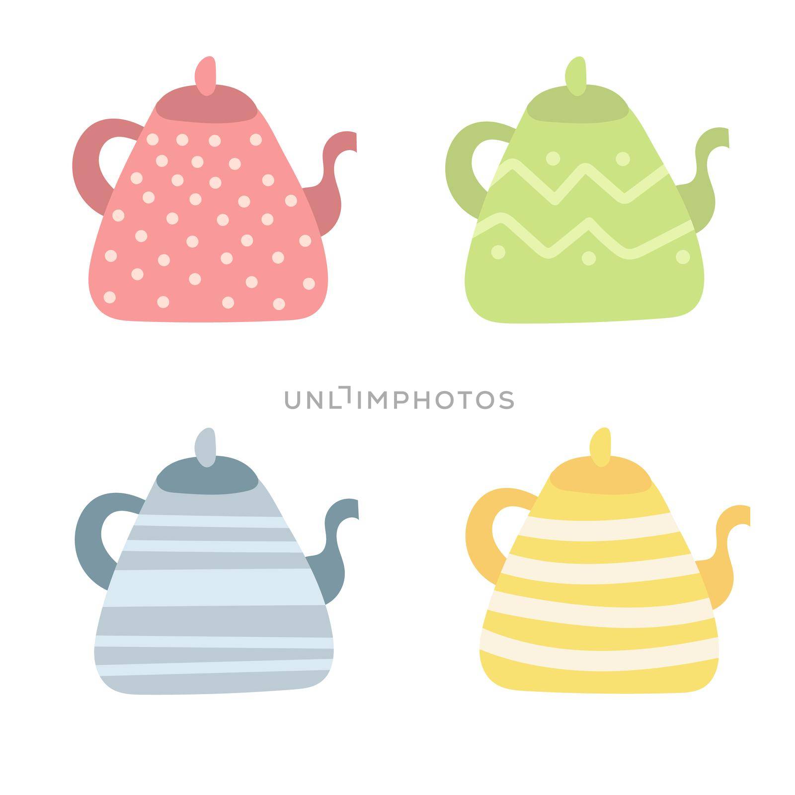 Kettle - hand drawn vector doodle illustration. Cartoon pots. Isolated on white background. Hand drawn simple elements set